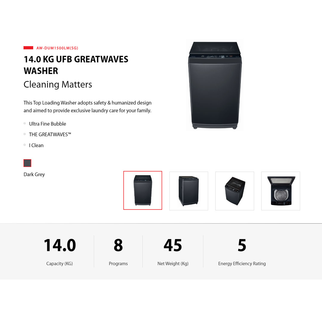 Toshiba 14KG Top Loading DD Washer AW-DUM1500LM(SG) | Ultra Fine Bubble | THE GREATWAVES | I Clean | Easy Kit | Multi Programs | No Angular Design | Soft Close Lid | DD Washer with 2 Year Warranty