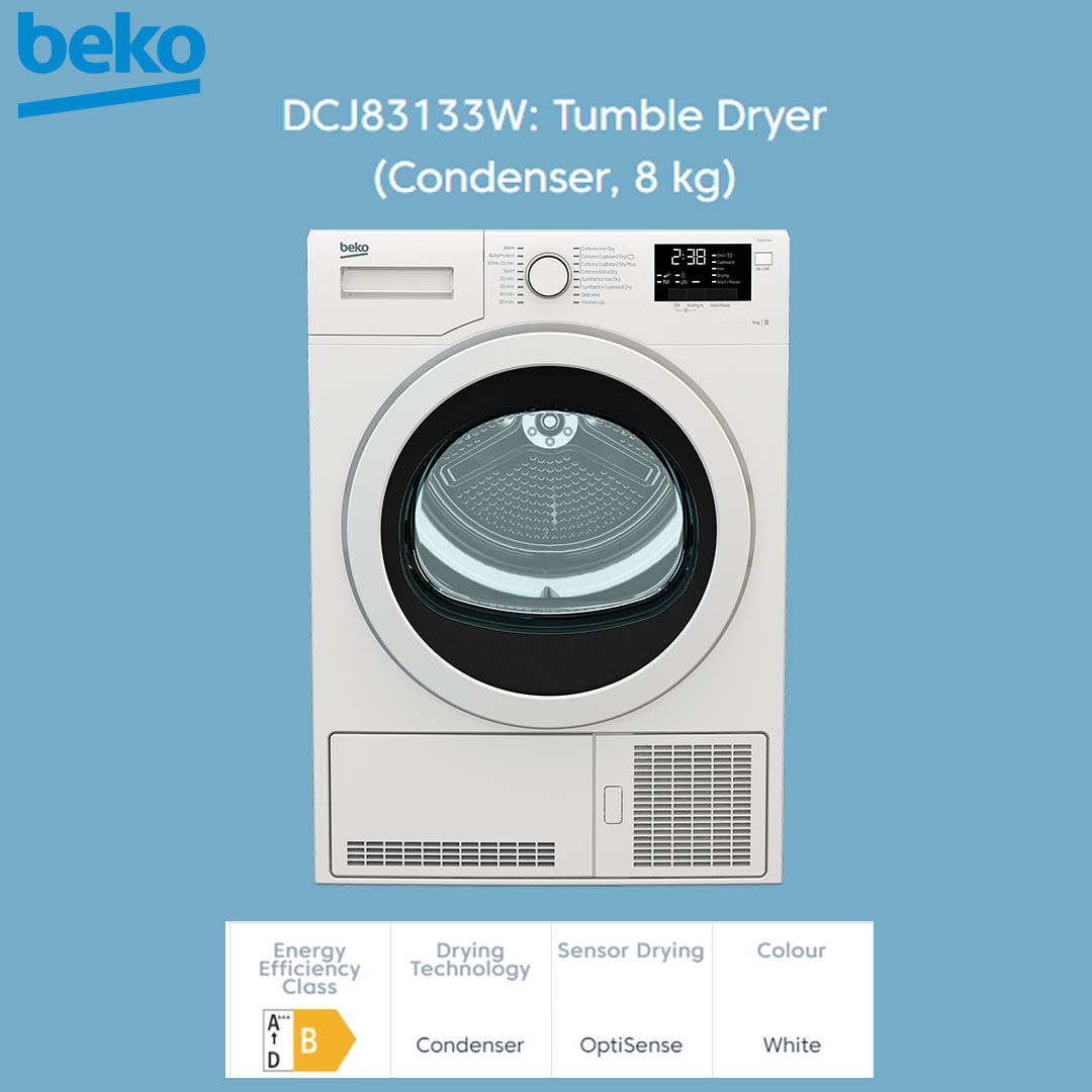 Beko 8KG Condenser Tumble Dryer DCJ83133W | Digital Display | 16 Programmes | Drum Light | Child Lock | OptiSense | Glass Door | Tumble Dryer with 2 Year General & 12 Year Motor Warranty