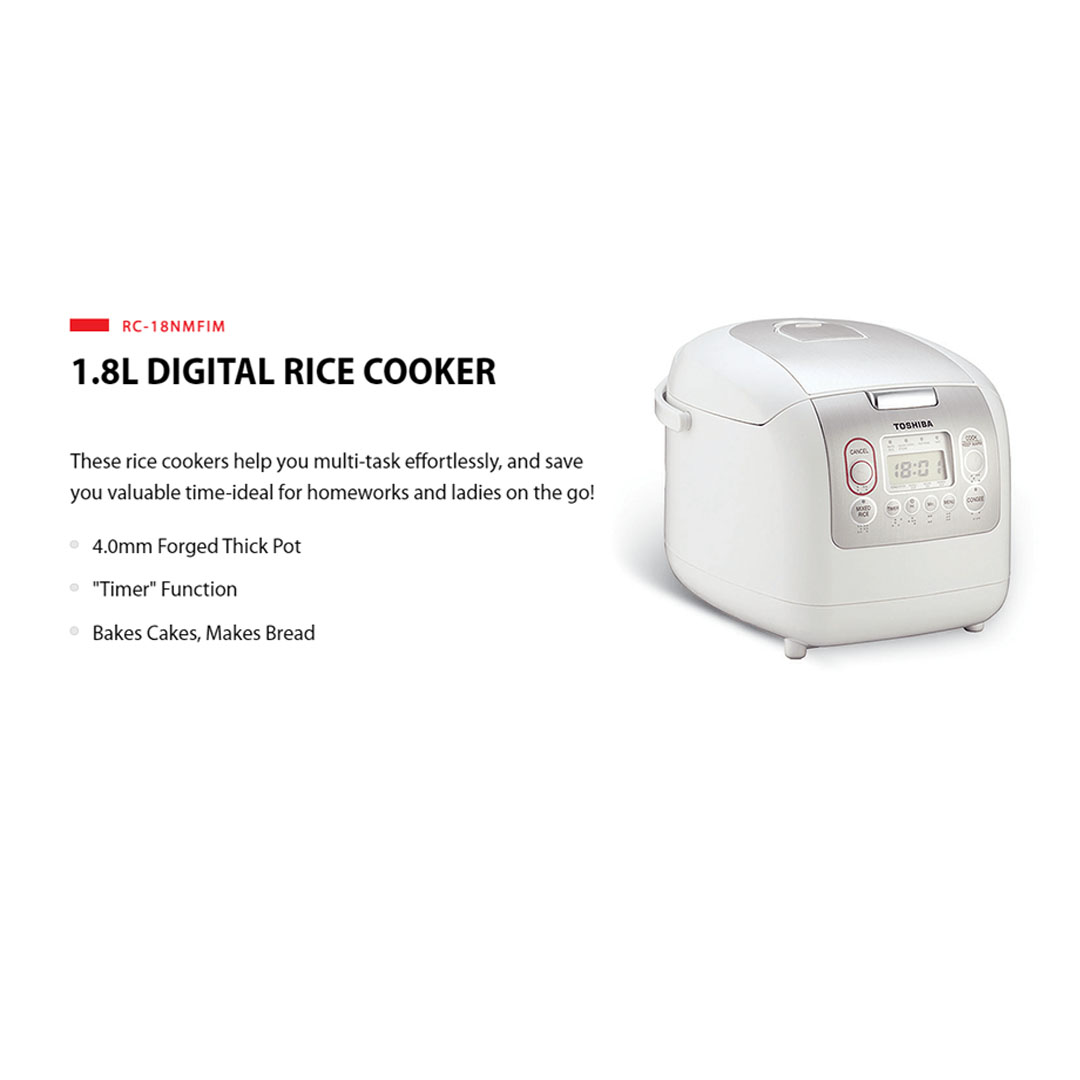 TOSHIBA 1.8L Digital Rice Cooker RC-18NMFIM | 4mm Forged Thick Pot | Timer Function | Rice Cooker with 1 Year Warranty