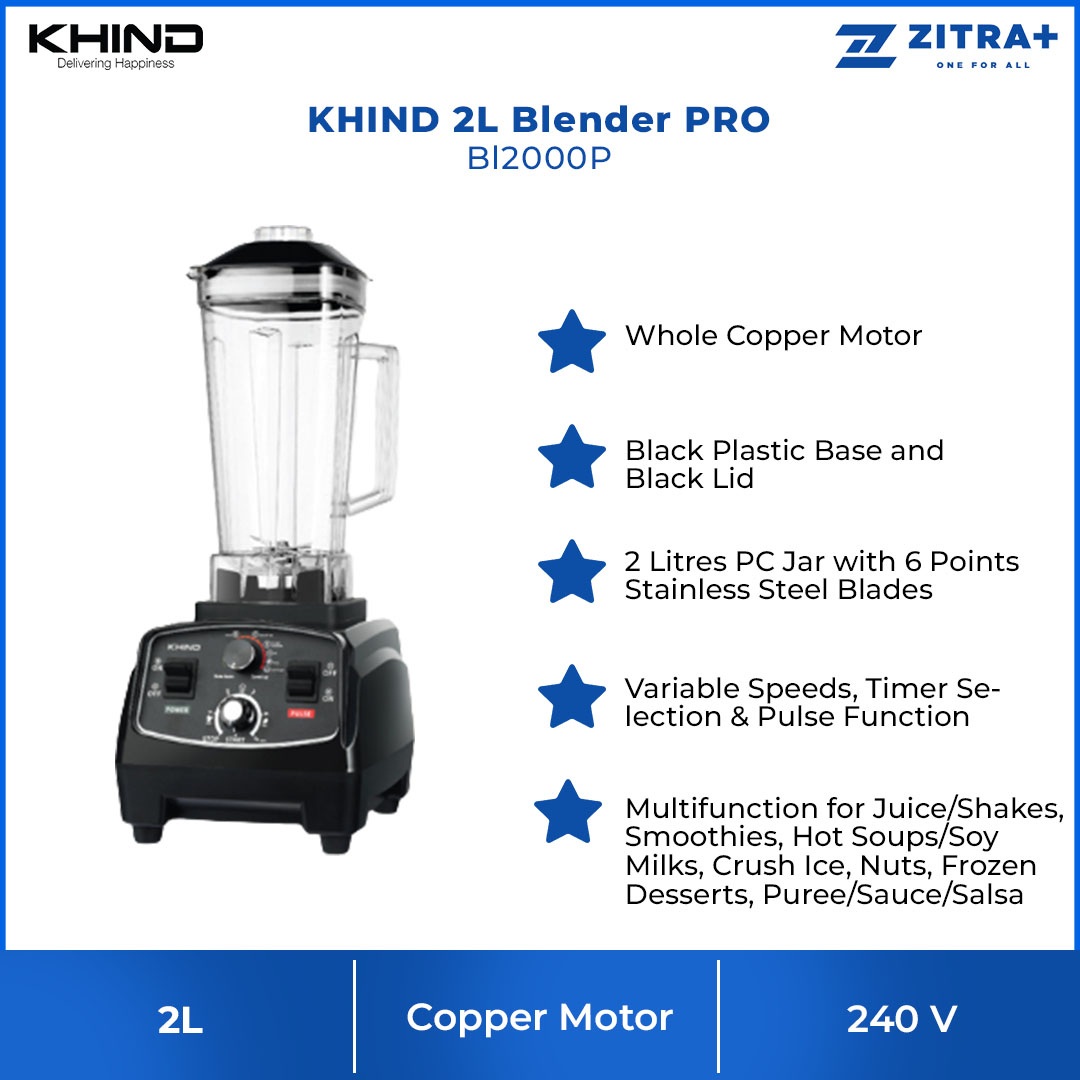 KHIND 2L Multifunction Blender PRO BL2000P | 6 Points Stainless Steel Blades | Pulse Function | Whole Copper Motor | Variable Speeds & Timer Selection | Blender with 1 Year Warranty