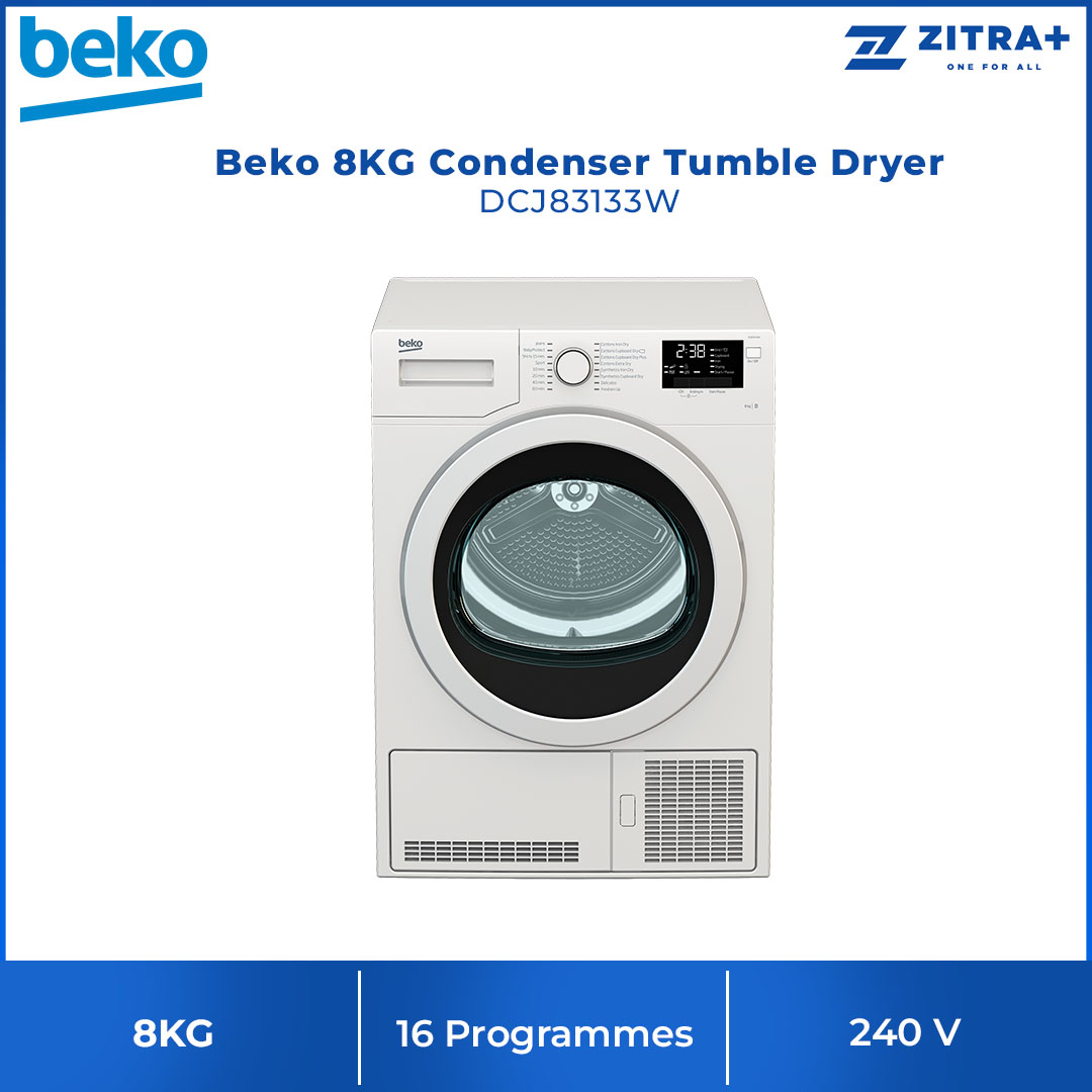 Beko 8KG Condenser Tumble Dryer DCJ83133W | Digital Display | 16 Programmes | Drum Light | Child Lock | OptiSense | Glass Door | Tumble Dryer with 2 Year General & 12 Year Motor Warranty