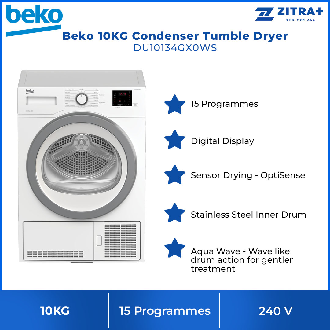 Beko 10KG Condenser Tumble Dryer DU10134GX0WS | 15 Programs | Xpress Super Short 14 min Programme | Flexible Time Delay Function | Condenser Cleaning Indicator | Dryer with 2 Years General Warranty & 12 Years Compressor Warranty