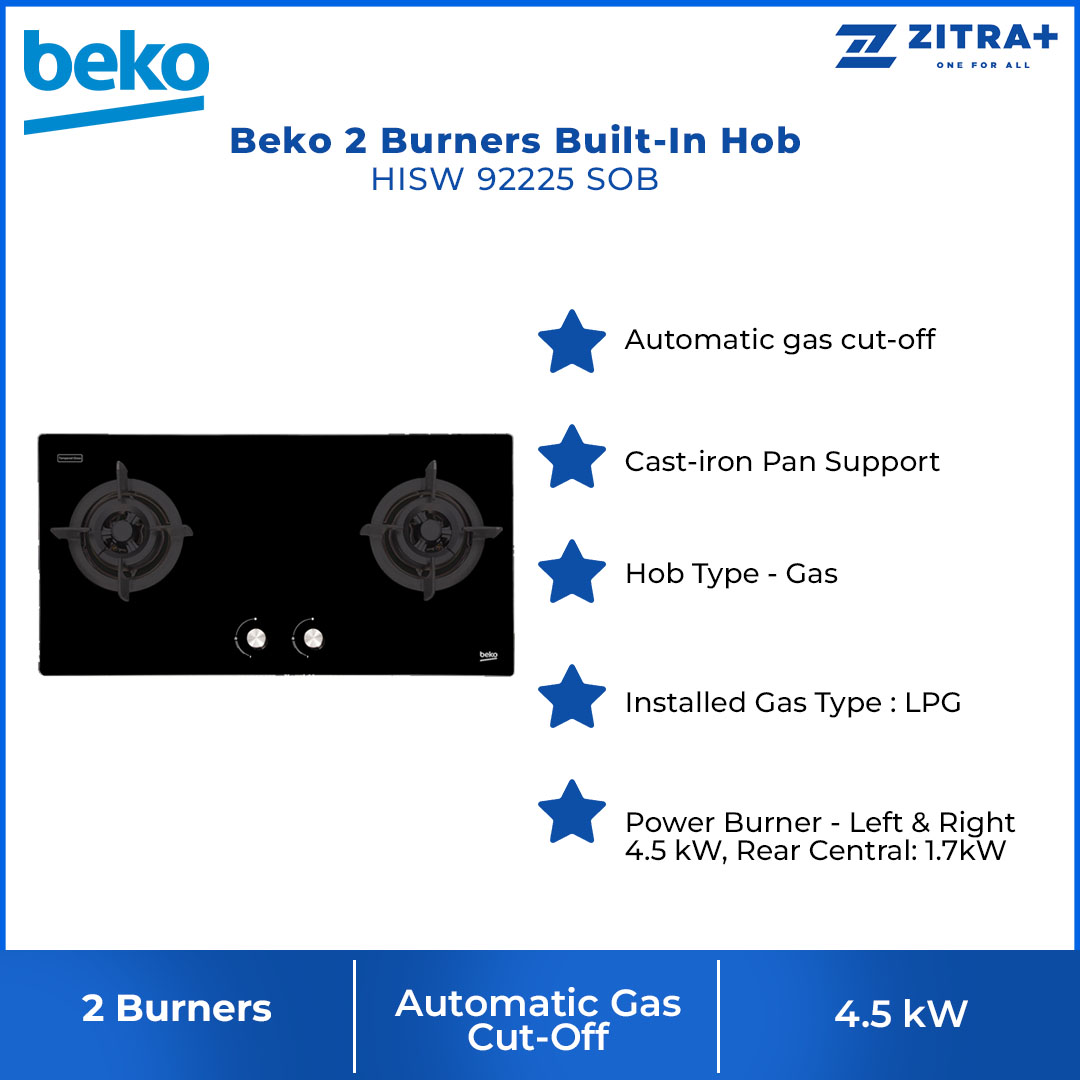 Beko 2 Burners Built-In Hob HISW 92225 SOB |  Automatic Gas Cut-Off | Cast-iron Pan Support | LPG Gas Type | Integrated Ignition | Built-In Hob with 2 Years Warranty