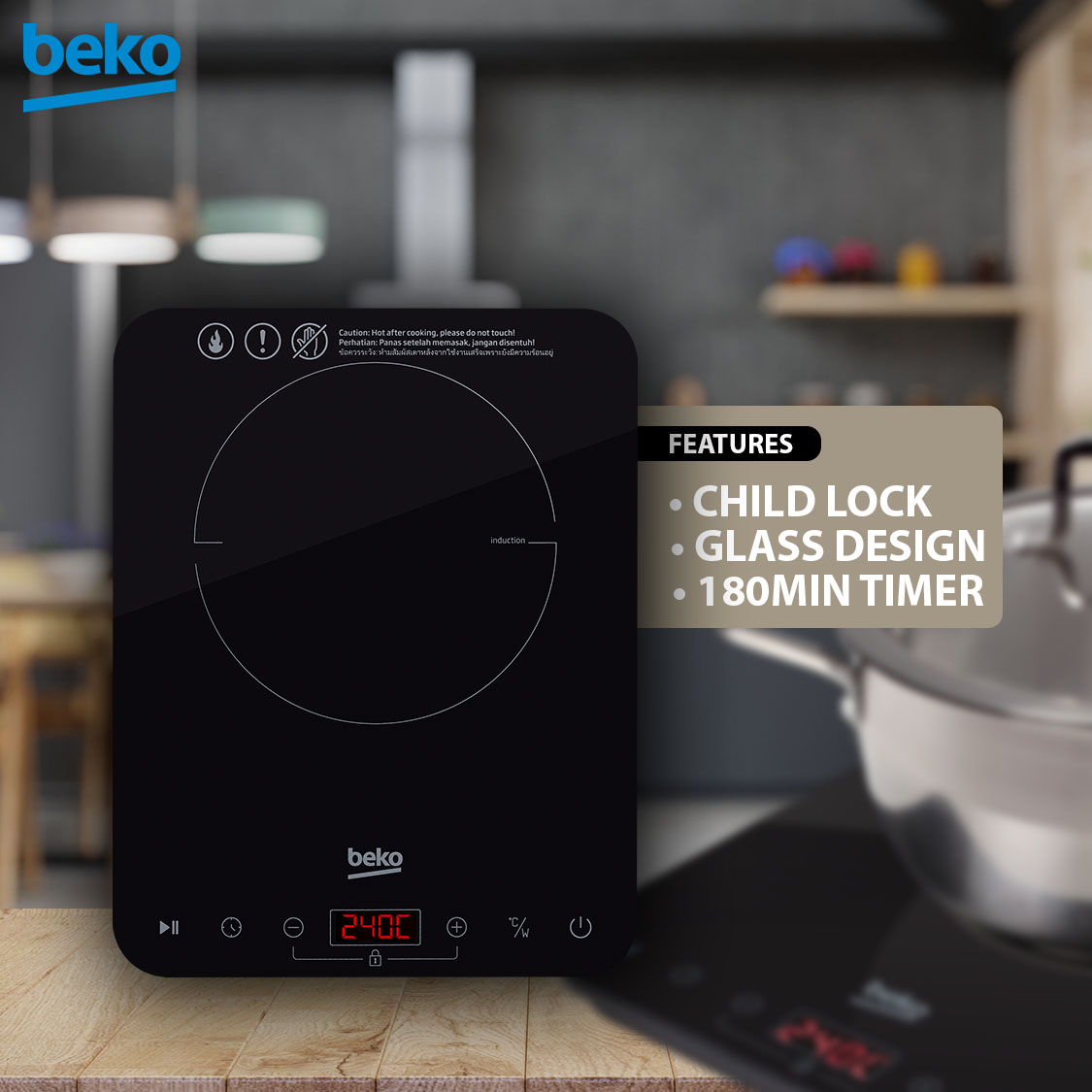 Beko 2000W Induction Hob HPI 51012 B | Child Lock | Glass Design | 180min Timer | 10 Levels Power Setting | Auto Shut-off & Pause Function | Touch Control with LED Screen | Induction Hob with 2 Year General Warranty