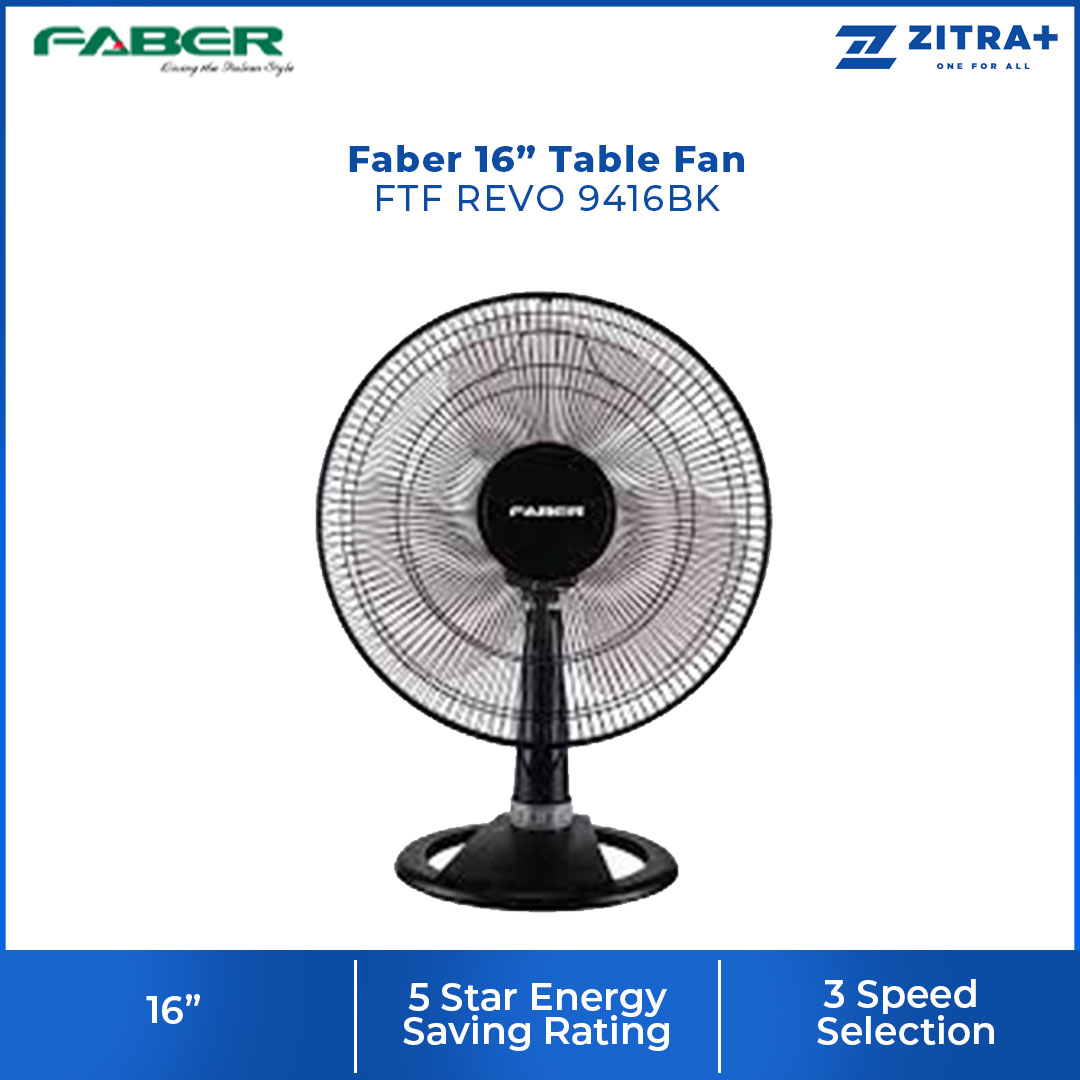 FABER 16" Table Fan FTF REVO 9116GR / FTF REVO 9216RD | 3 Speed | 100% Copper Motor | 5 Star Energy Rating | 51.5dB Noise Level | Table Fan with 1 Year General Warranty & 2 Years Motor Warranty