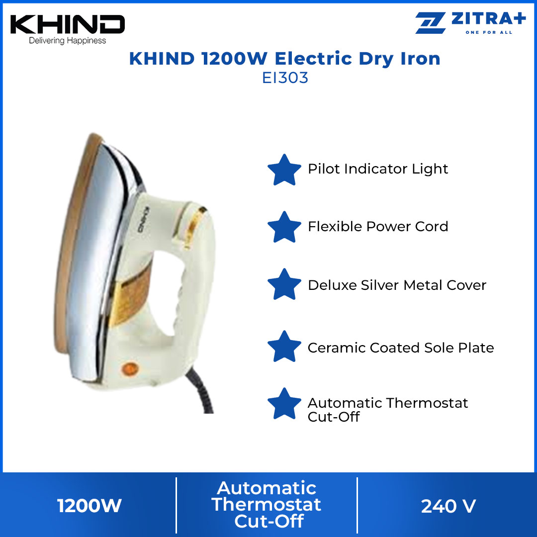 KHIND 1200W Electric Dry Iron EI303 | Ceramic Coated Sole Plate | Automatic Thermostat Cut-Off | Pilot Indicator Light | Deluxe Silver Metal Cover | Iron with 1 Year Warranty