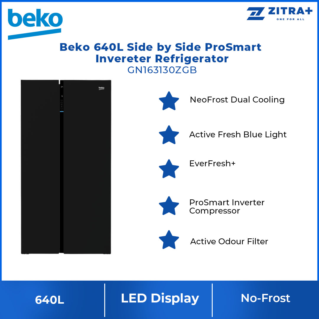 Beko 640L Side by side ProSmart Inverter Refrigerator GN163130ZGB | NeoFrost Dual Cooling | ProSmart Inverter Compressor | Active Odour Filter | Refrigerator with 2 Years General Warranty & 12 Years Motor Warranty