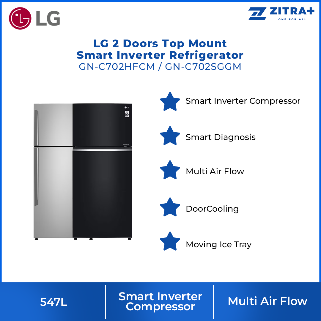LG 547L 2 Doors Top Mount Smart Inverter Refrigerator GN-C702SGGM/GN-C702HFCM | Multi Air Flow | Door Cooling | Door Alarm | Refrigerator with 1 Year Warranty
