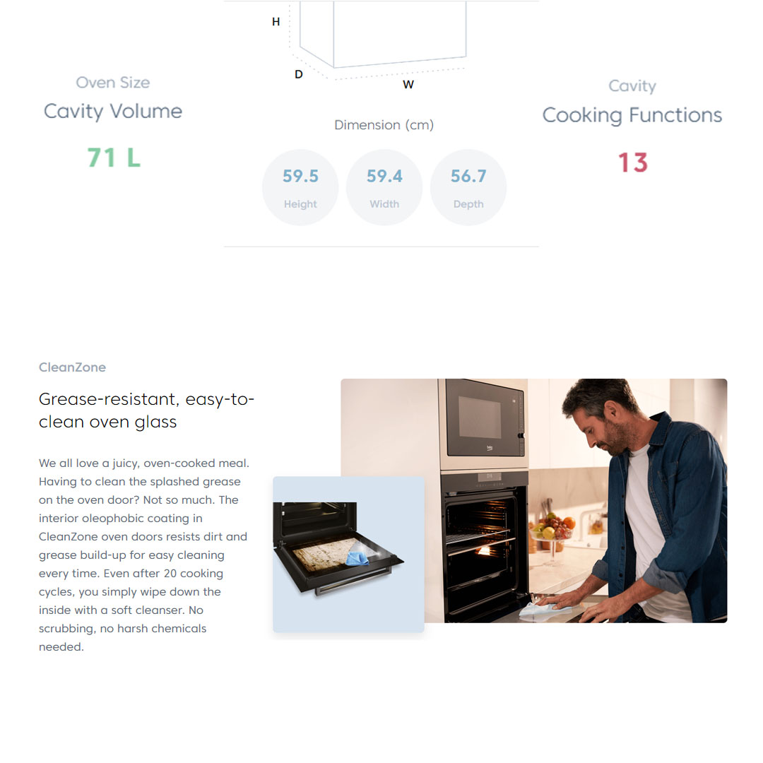 Beko 71L Built-In Oven BIM25400XMS | 13 Programs Selection | Easy-to-Clean Oven Glass | Catalytic Walls | Halogen Illumination | SoftDoor | Steam-Cleaning | Telescopic Shelves | Oven with 2 Years General Warranty & 12 Years Motor Warranty