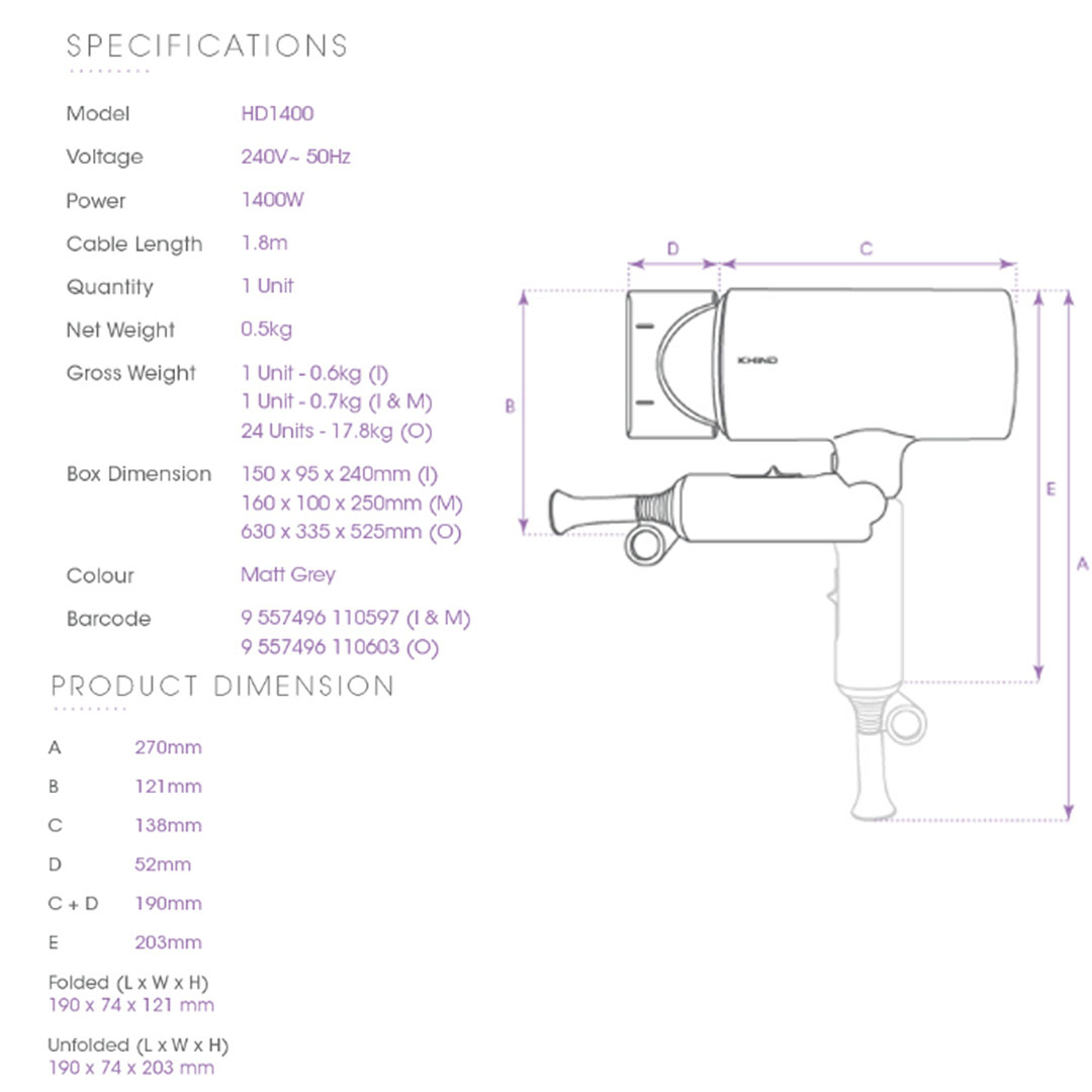 KHIND 1400W Hair Dryer HD1400 | Super Lightweight Design | 3 Gears of Heat/Speed Settings & Cool Shot Button | 1.8 Meter Cable Length Exposed | Hair Dryer with 1 Year Warranty