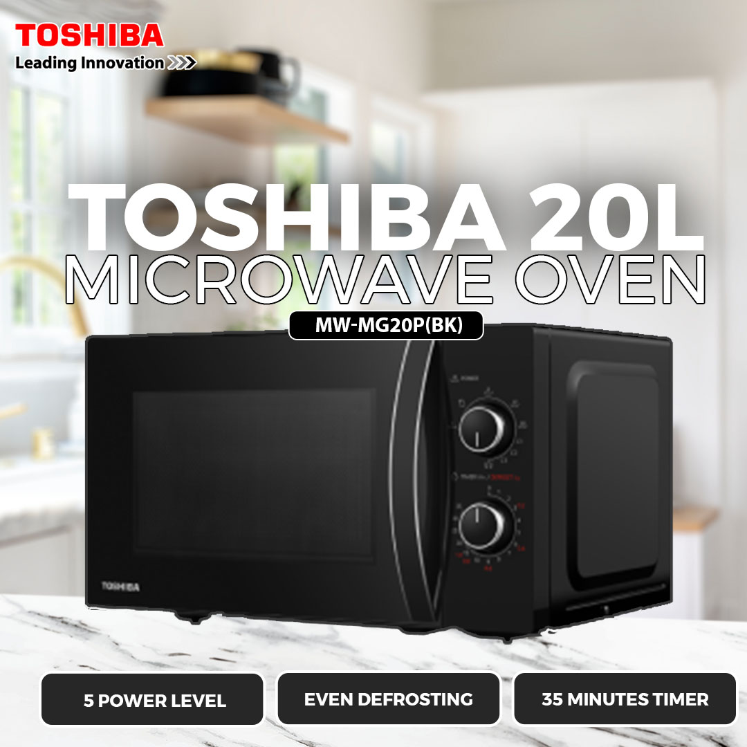 TOSHIBA 20L Microwave Oven MW-MG20P(BK) | Grill & Microwave Combination | 5 Power Levels | Even Defrosting | 35-Minute Timer | Microwave Oven with 1 Year Warranty
