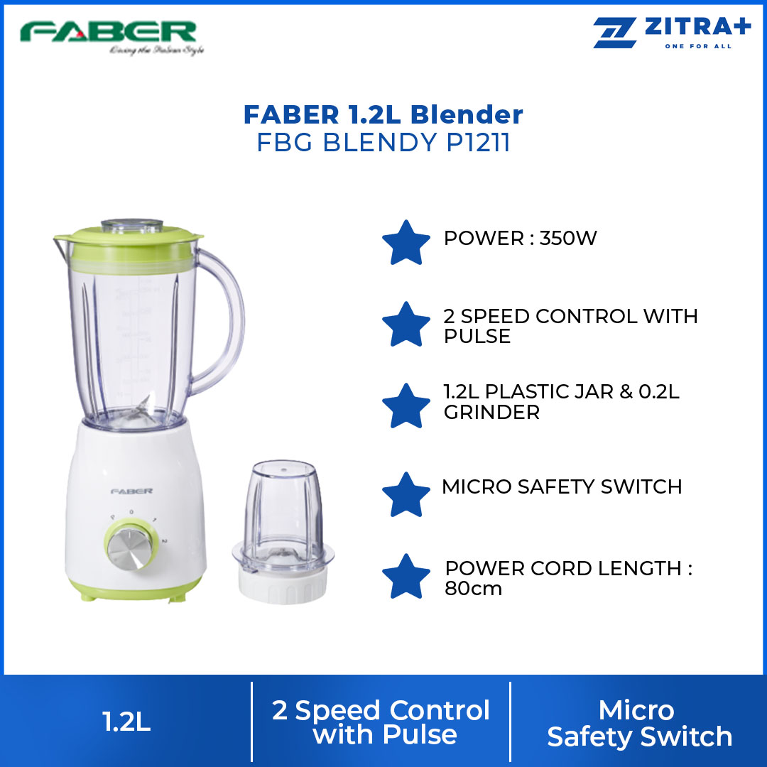 FABER 1.2L Blender FBG BLENDY P1211 | 2 Speed Control With Pulse | 1.2L Plastic Jar & 0.2L Grinder | Quality SUS Blade | Blender with 1 Year Warranty