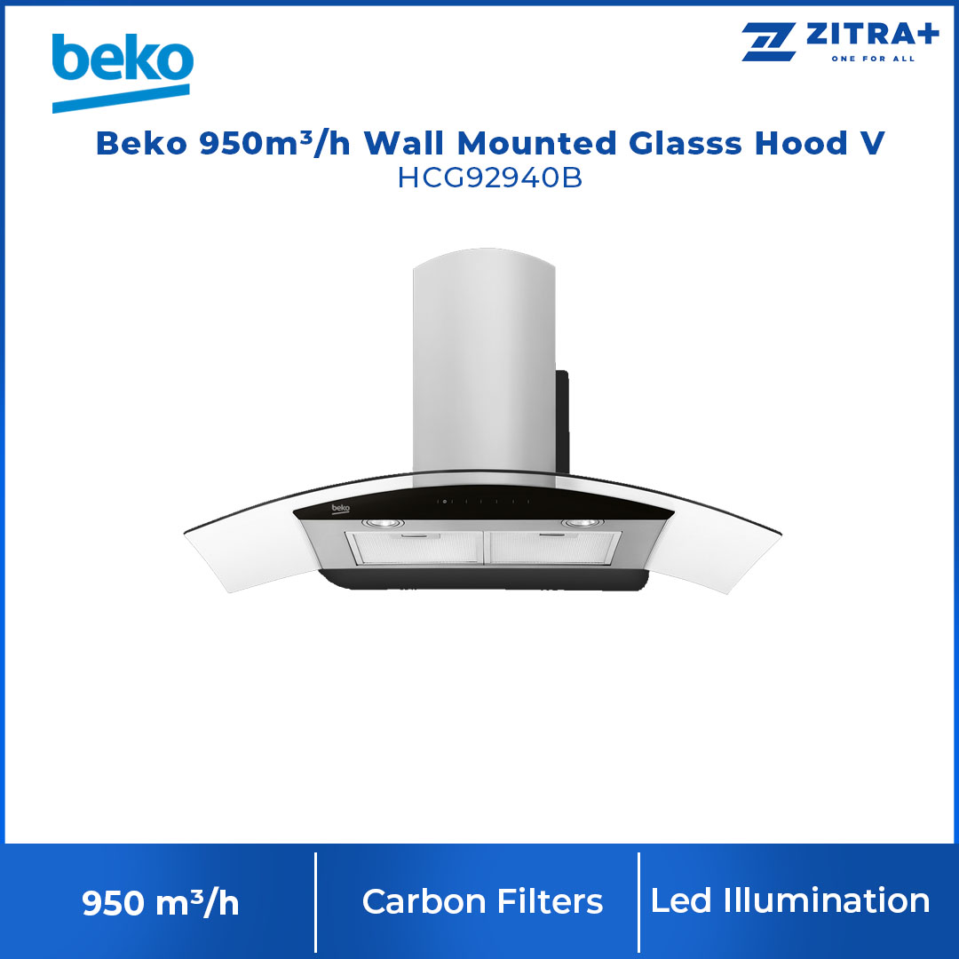 Beko 950m³/h Wall-mounted Designer Hood HCG92940B | 3 Levels of Power Selection | Touch control | Metal Casette Filter | Auto Shut-off | Dishwasher-safe Filters | Hood with 2 Years General Warranty & 12 Years Motor Warranty