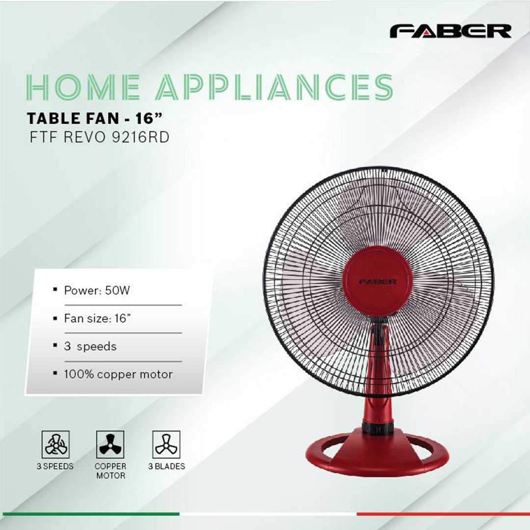 FABER 16" Table Fan FTF REVO 9116GR / FTF REVO 9216RD | 3 Speed | 100% Copper Motor | 5 Star Energy Rating | 51.5dB Noise Level | Table Fan with 1 Year General Warranty & 2 Years Motor Warranty