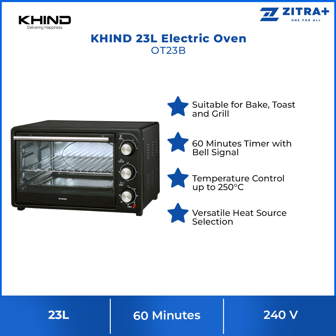 KHIND 23L Electric Oven OT23B | 60 Minutes Timer with Bell Signal | Versatile Heat Source Selection | Temperature Control | Oven with 2 Years Warranty