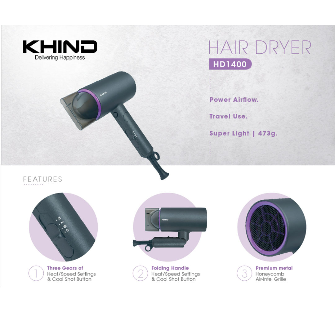 KHIND 1400W Hair Dryer HD1400 | Super Lightweight Design | 3 Gears of Heat/Speed Settings & Cool Shot Button | 1.8 Meter Cable Length Exposed | Hair Dryer with 1 Year Warranty