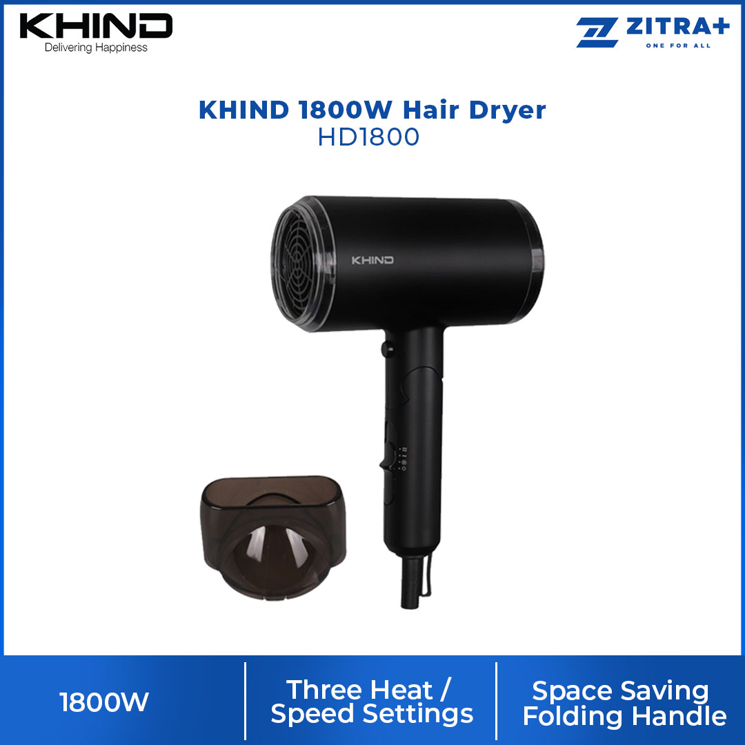 KHIND 1800W Hair Dryer HD1800 | 3 Heat / Speed Settings & Cold Shot Button | Narrow Concentrator Nozzle for Smooth Focused Airflow | Space Saving Folding Handle | Hair Dryer with 1 Year Warranty