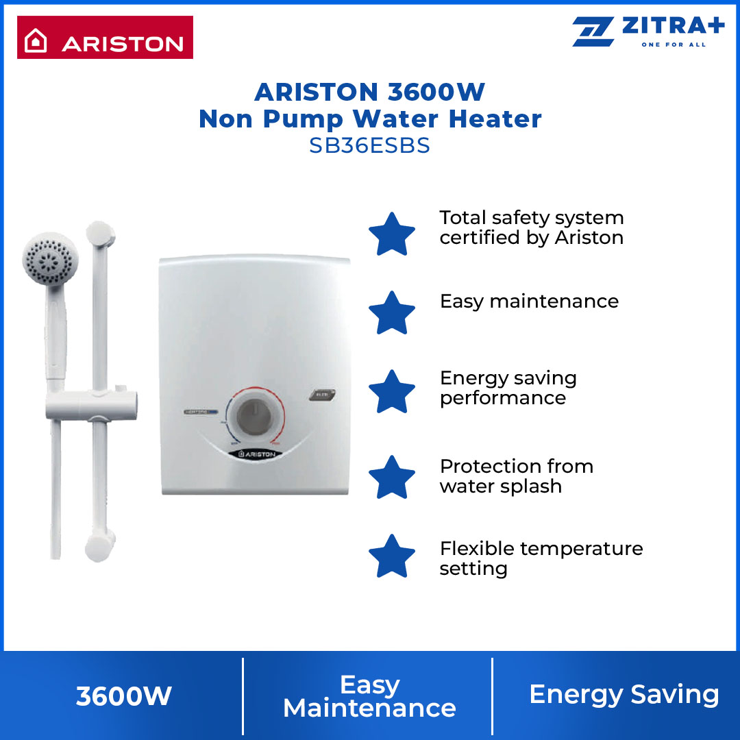 ARISTON 3600W Non Pump Electric Instant Water Heater SB36ESBS | IP25 Water Splash Protection |  Energy Saving Performance | Total Safety System | Flexible Temperature Setting | Water Heater with 1 Year General Warranty & 5 Years Heating Element Warranty