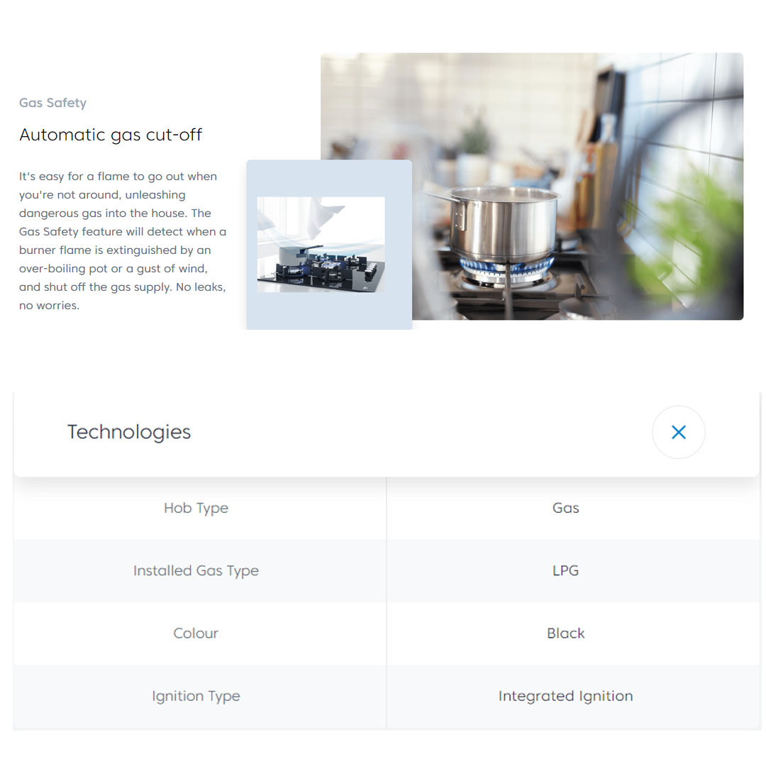 Beko 2 Burners Built-In Hob HISW 92225 SOB |  Automatic Gas Cut-Off | Cast-iron Pan Support | LPG Gas Type | Integrated Ignition | Built-In Hob with 2 Years Warranty