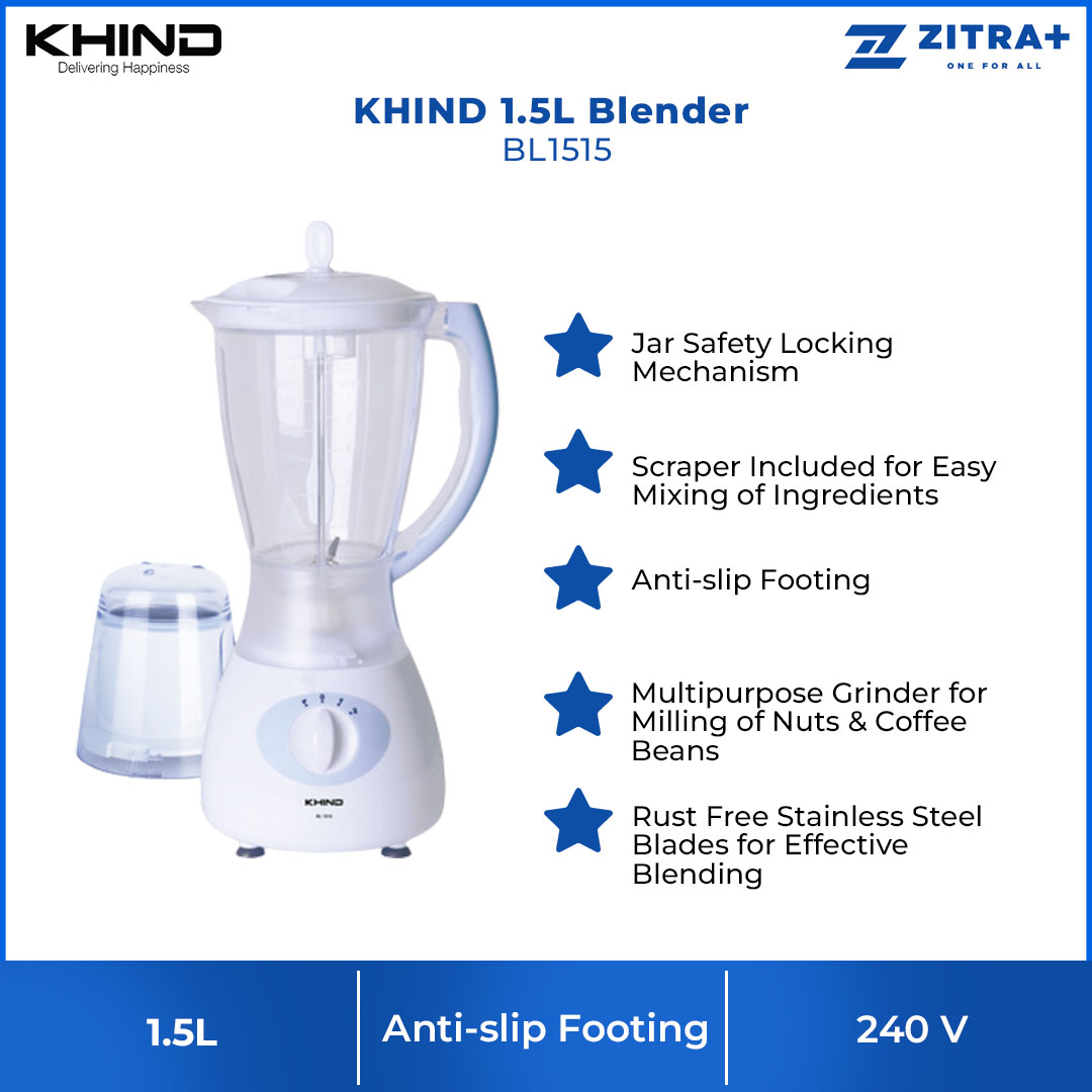 KHIND 1.5L Blender BL1515 | With Resettable Thermal Link for Motor Protection | Jar Safety Locking Mechanism | Quality Stainless Steel Blade | Blender with 1 Year Warranty