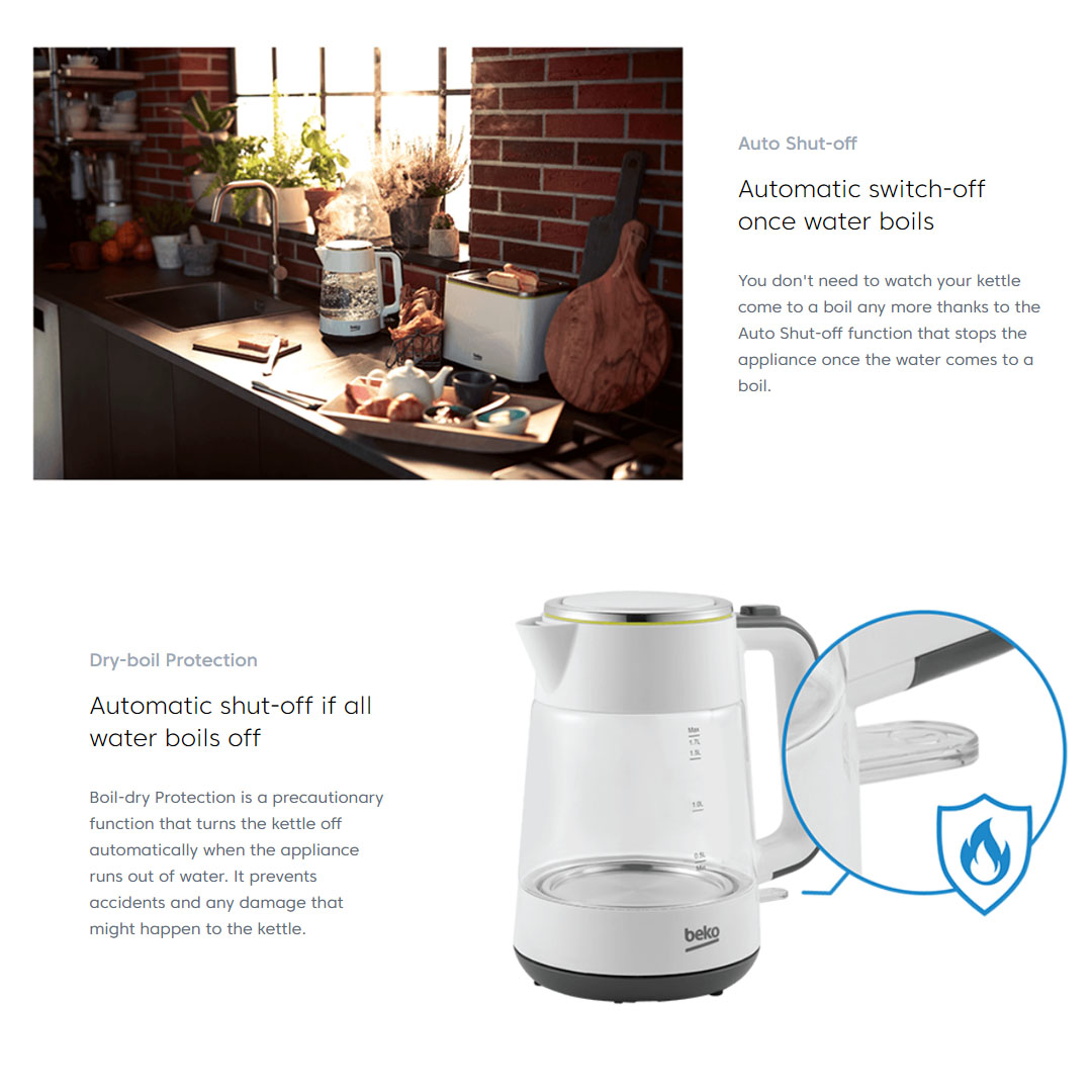 Beko 1.7L Kettle WKM7307B | Dry-boil Protection | Stainless Steel Kettle | 360° Rotary Base | Motor Power : 3000W | Kettle with 2 Years Warranty