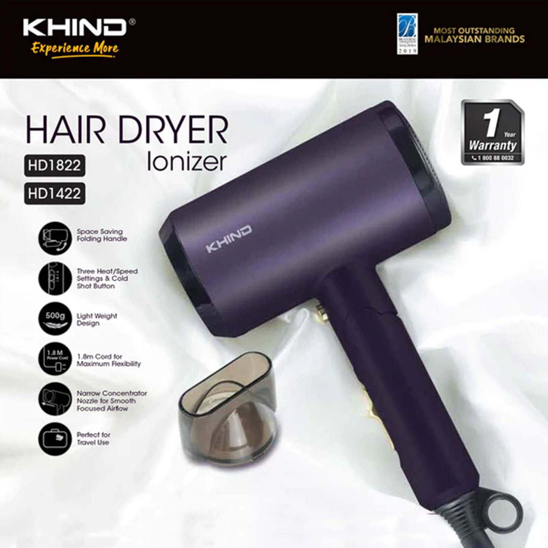 KHIND 1800W Ionizer Hair Dryer HD1822 | 3 Heat / Speed Settings & Cold Shot Button | Narrow Concentrator Nozzle for Smooth Focused Airflow | Space Saving Folding Handle | Hair Dryer with 1 Year Warranty