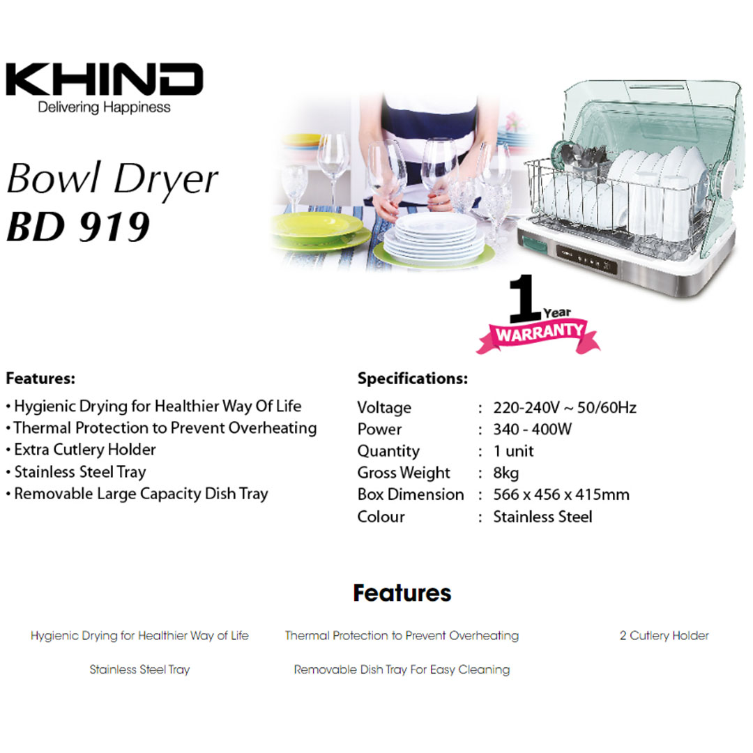 KHIND 400W Dish Dryer BD919 | Hygienic Drying | Stainless Steel Tray | Extra Cutlery Holder | Dish Dryer with 1 Year Warranty