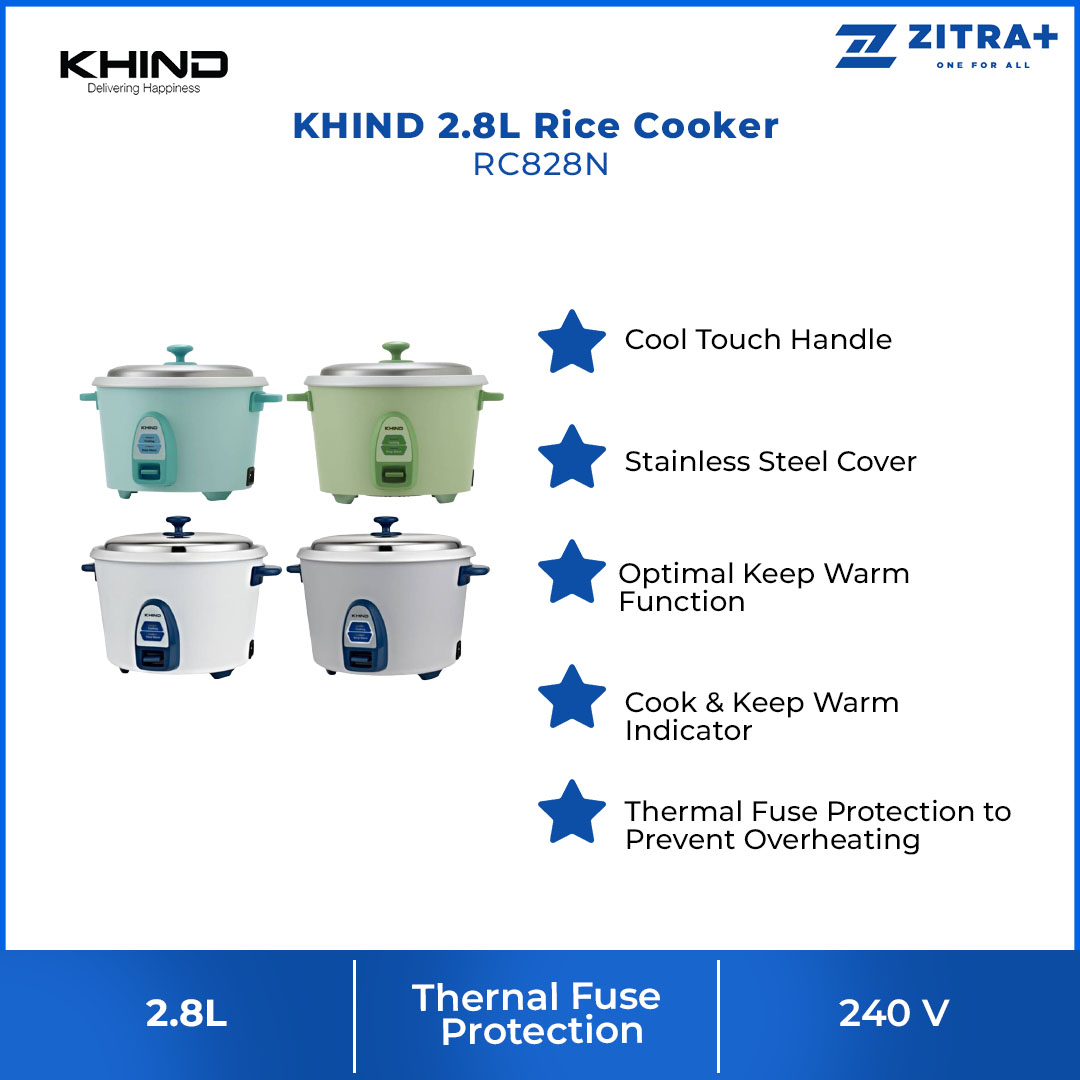 KHIND 2.8L Rice Cooker RC828N | Optimal Keep Warm Function | Thermal Fuse Protection to Prevent Overheating | Stainless Steel Cover | Rice Cooker with 2 Year Warranty