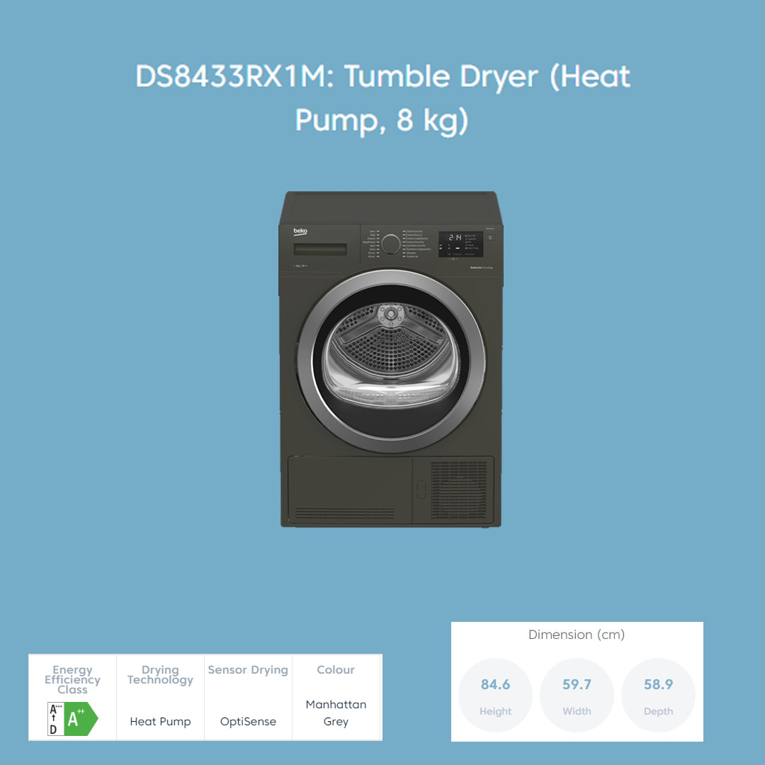 Beko 8KG Tumble Dryer DS8433RX1M | A++ Energy Efficiency Class | AquaWave Technology | Drying Technology Condenser | EcoGentle | Tumble Dryer with 2 Years General Warranty & 12 Years Motor Warranty