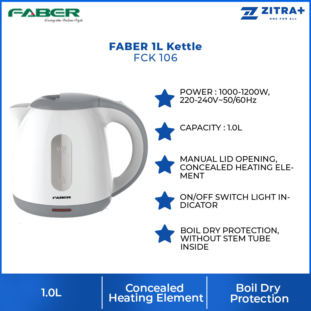 FABER 1L Kettle FCK 106 | Manual Lid Opening | Concealed Heating Element | Boil Dry Protection | Kettle with 1 Year Warranty
