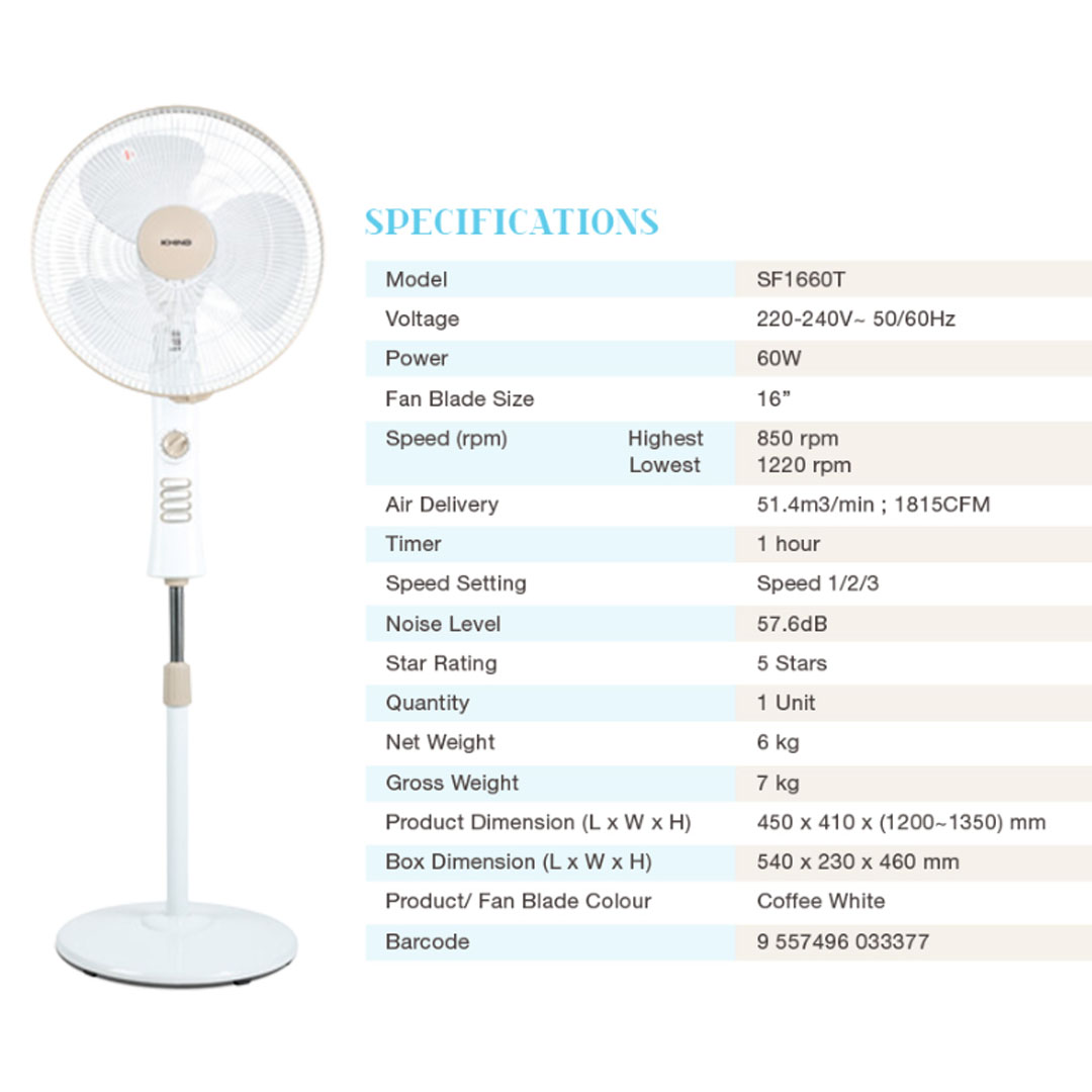 KHIND 16" Stand Fan SF1660T | 3 Speed Selection | 1 Hour Timer | Wide Angle Horizontal Oscillation | Adjustable Height | Stand Fan with 1 Year Warranty
