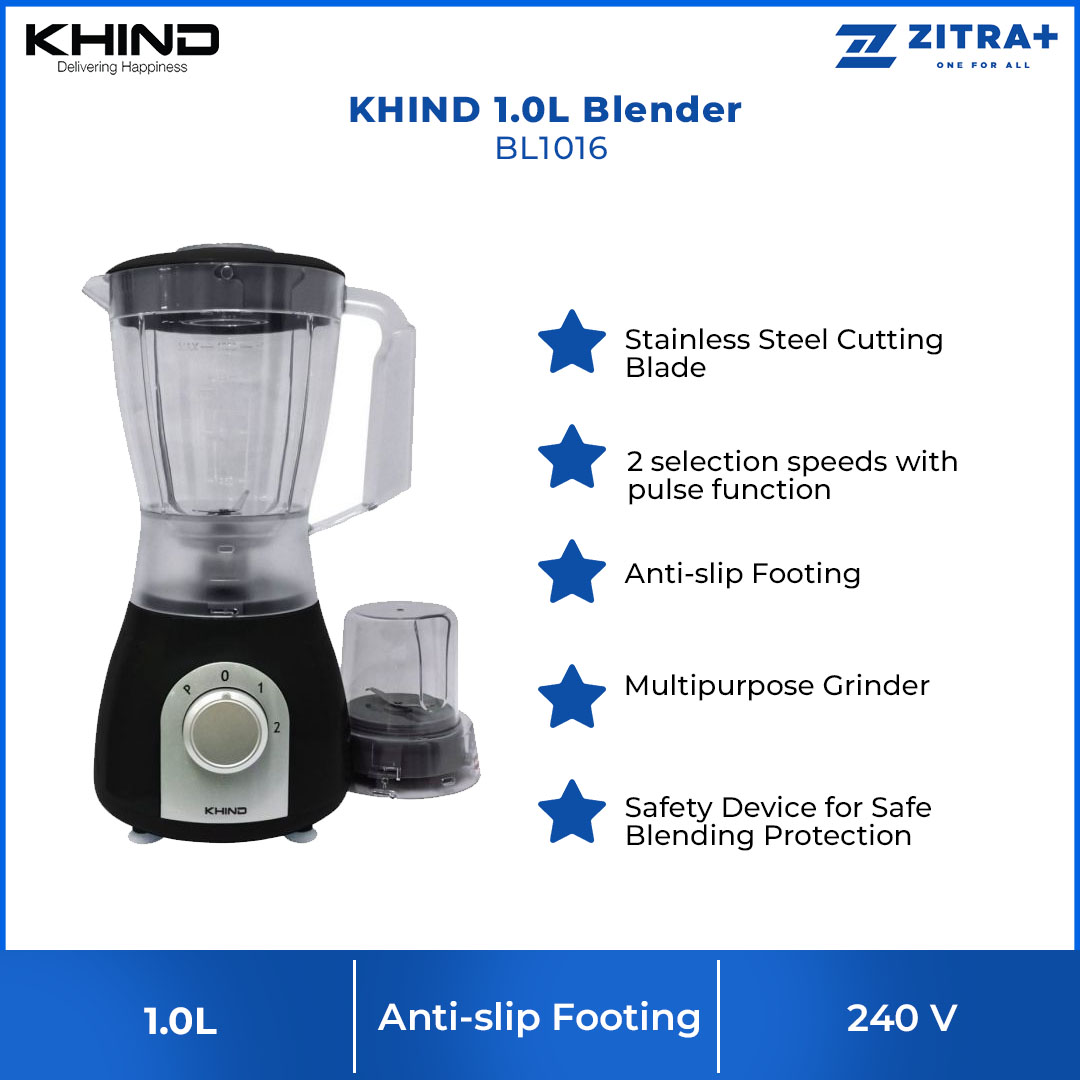 KHIND 1L Blender BL1016 | With Safety Device for Safe Blending Protection | Stainless Steel Cutting Blade | With Multipurpose Grinder | 2 Selection Speeds with Pulse Function | Blender with 2 Years Warranty
