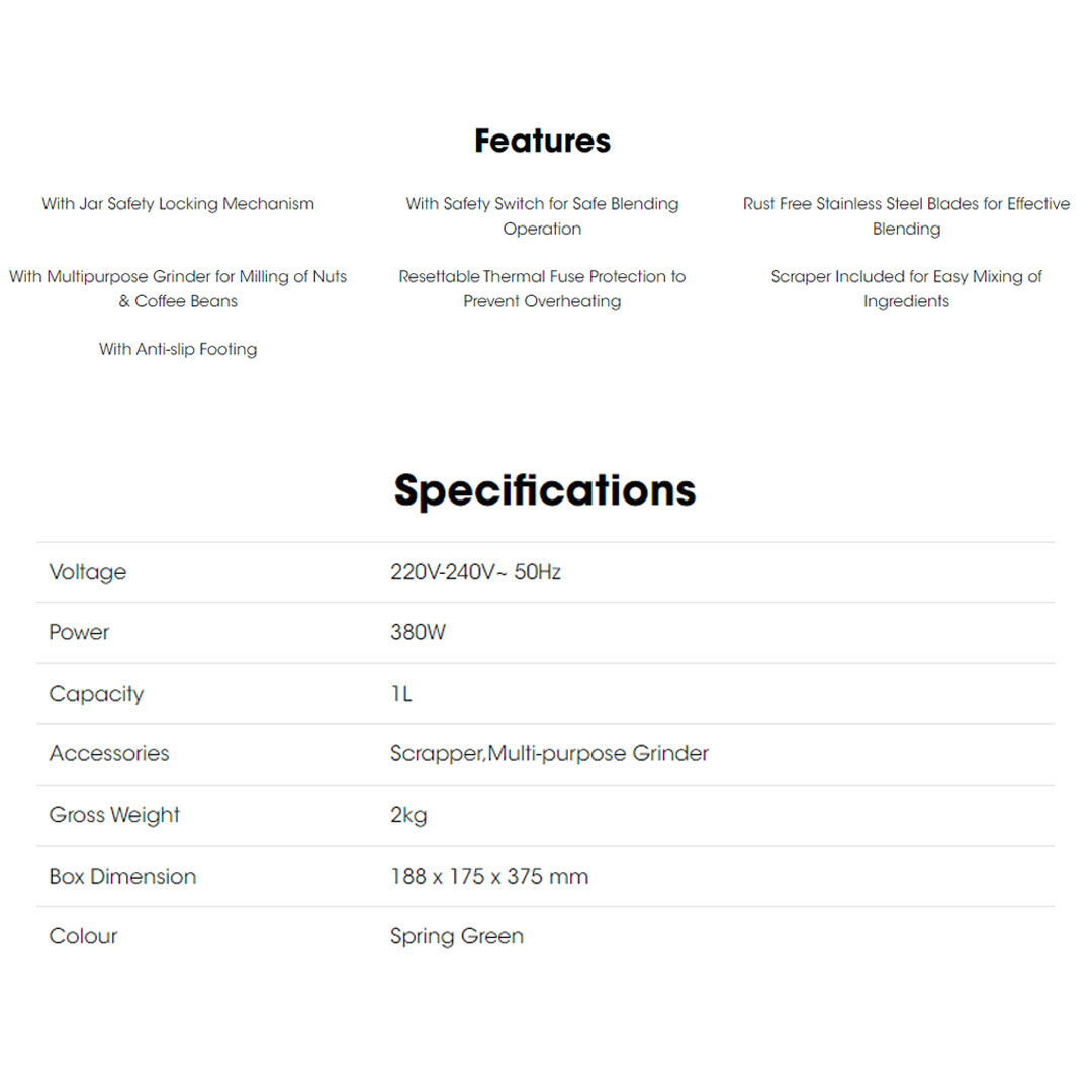 KHIND 1L Blender BL1012 | Micro Switch Protection | Thermal Fuse Protection | Multi-Purpose Mill Cup | Blender with 2 Years Warranty