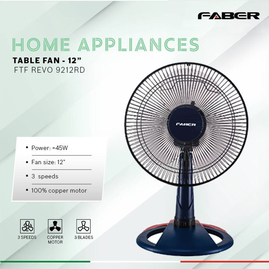 FABER 12" Table Fan FTF REVO 9112GR / FTF REVO 9012BU | 3 Speed | 100% Copper Motor | 4 Star Energy Rating | 51.5dB Noise Level | Table Fan with 1 Year General Warranty & 2 Years Motor Warranty