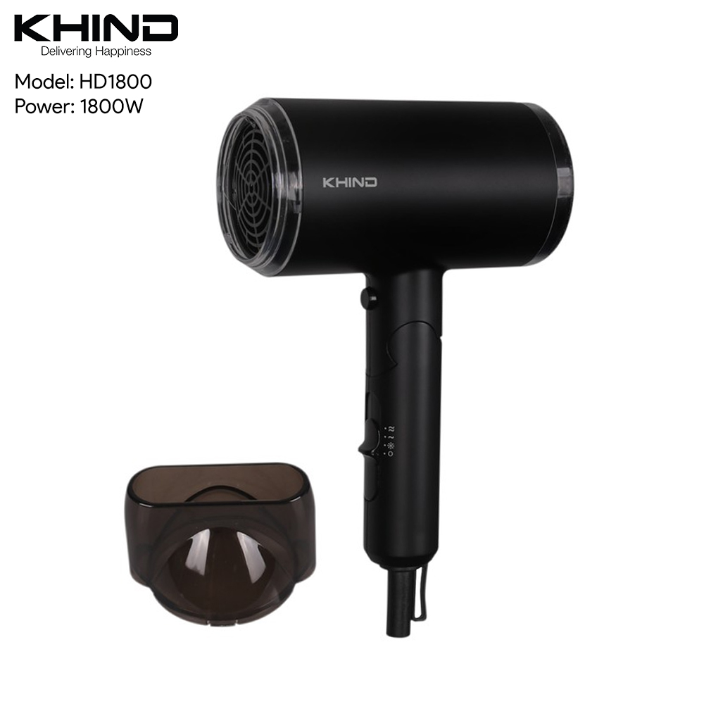 KHIND 1800W Hair Dryer HD1800 | 3 Heat / Speed Settings & Cold Shot Button | Narrow Concentrator Nozzle for Smooth Focused Airflow | Space Saving Folding Handle | Hair Dryer with 1 Year Warranty