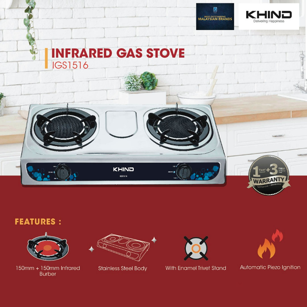 KHIND 2 Burners Infrared Gas Stove Stainless Steel IGS1516 | 150mm + 150mm Infrared Burner | With Enamel Trivet Stand | Automatic Piezo Ignition | Gas Stove with 1 Year General Warranty & 3 Years Burner Head Warranty