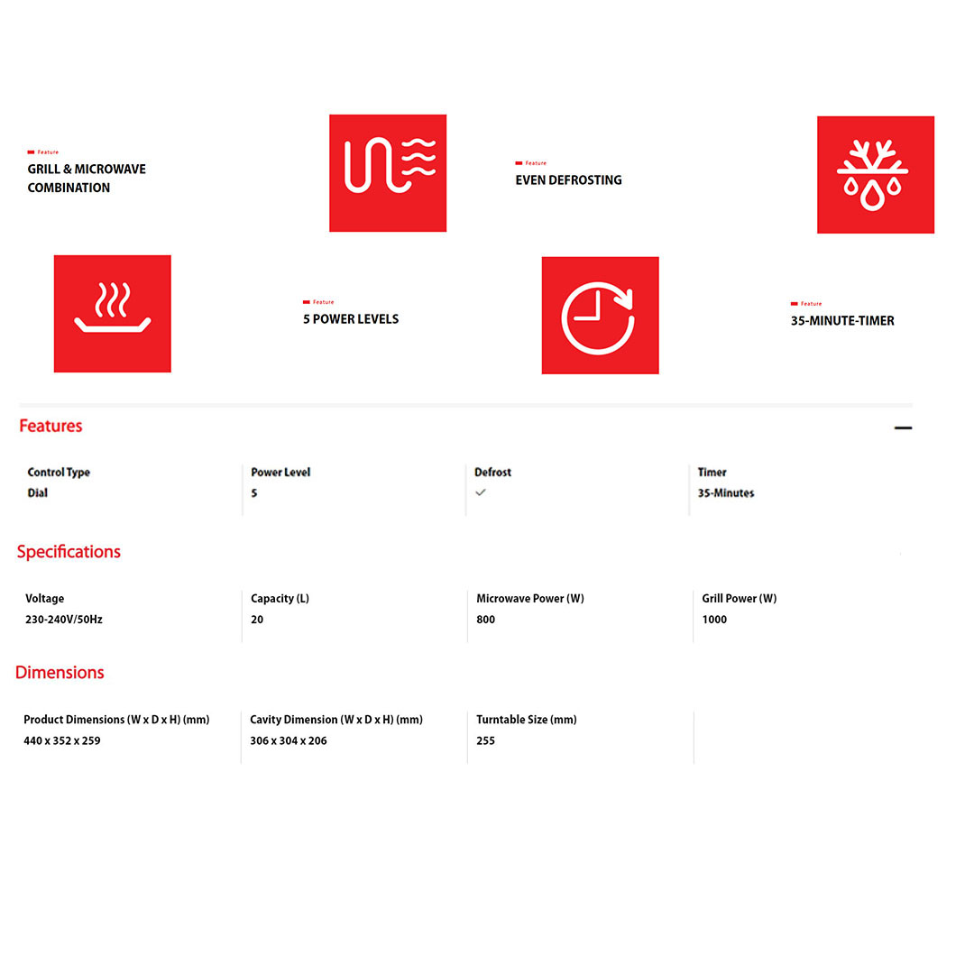 TOSHIBA 20L Microwave Oven MW-MG20P(BK) | Grill & Microwave Combination | 5 Power Levels | Even Defrosting | 35-Minute Timer | Microwave Oven with 1 Year Warranty