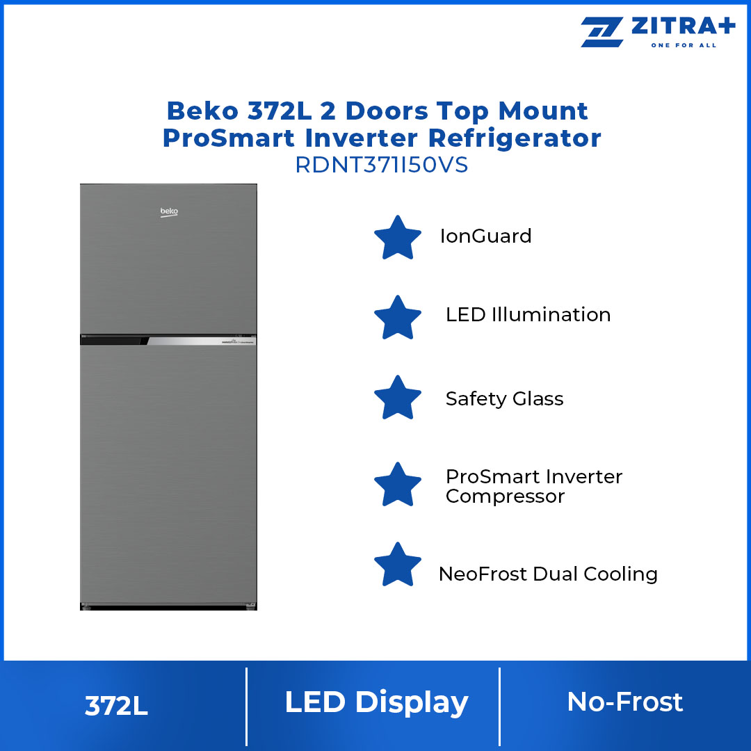 Beko 372L 2 Door Top Mount ProSmart Inverter Refrigerator RDNT371I50VS | NeoFrost Dual Cooling | ProSmart Inverter Compressor | Active Odour Filter | Refrigerator with 2 Years General Warranty & 12 Years Motor Warranty