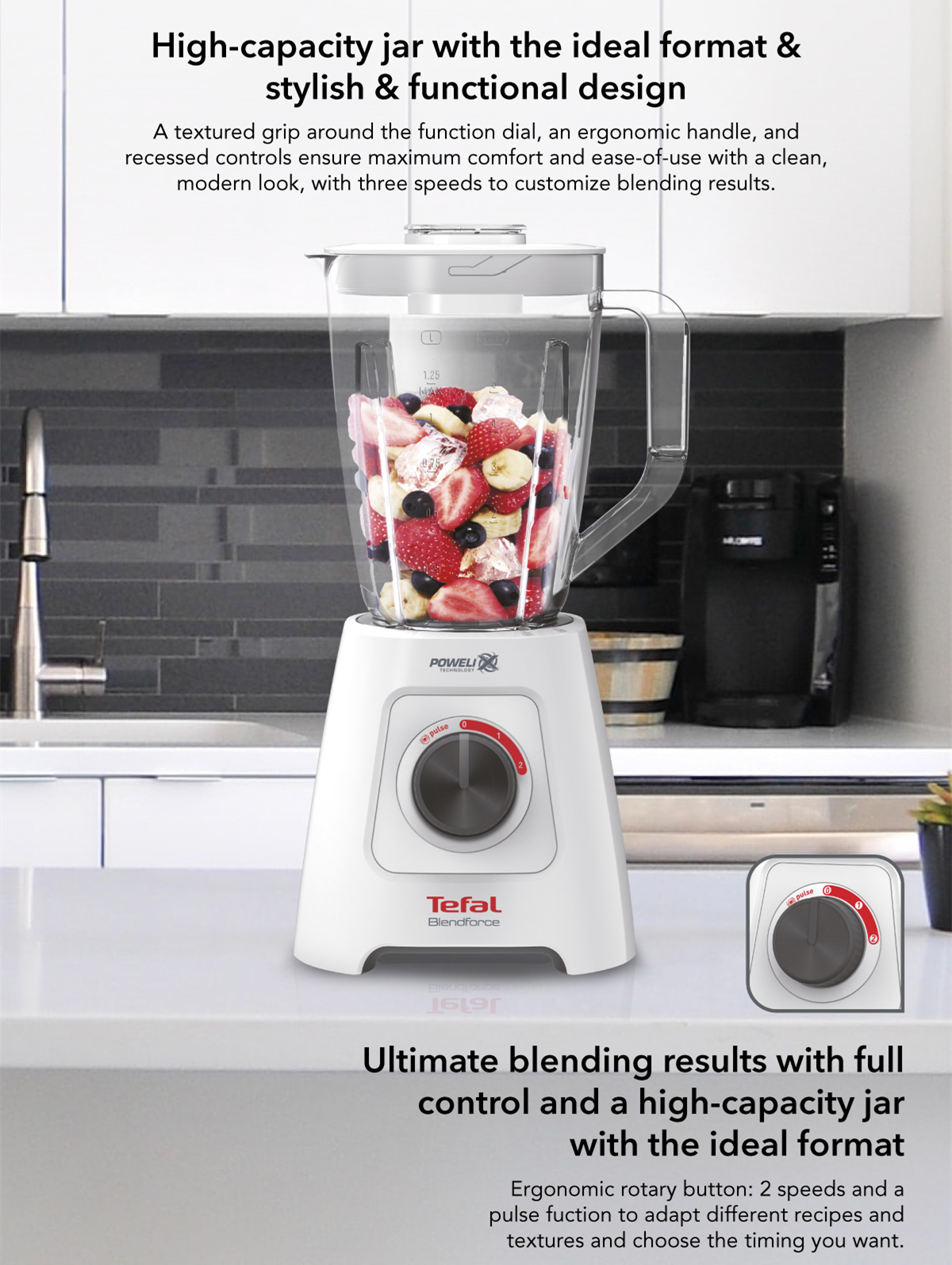Tefal 2L Blendforce 2 Blender with Grinder Chopper BL4291 | 600W | Powelix Technology | Smart Lock | Cord Storage | Blender with 2 Year Warranty