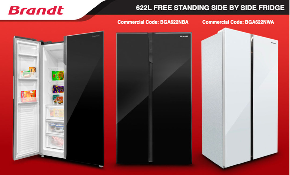 Brandt 622L Side by side Inverter Refrigerator BGA622NBA | Adjustsble Glass Shelves | Door Alarm | Forced - Air | Refrigerator witn 1 Year Warranty