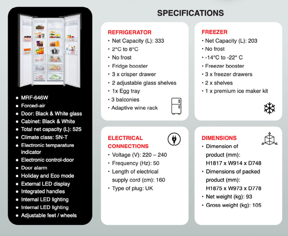 Brandt 622L Side by side Inverter Refrigerator BGA622NBA | Adjustsble Glass Shelves | Door Alarm | Forced - Air | Refrigerator witn 1 Year Warranty