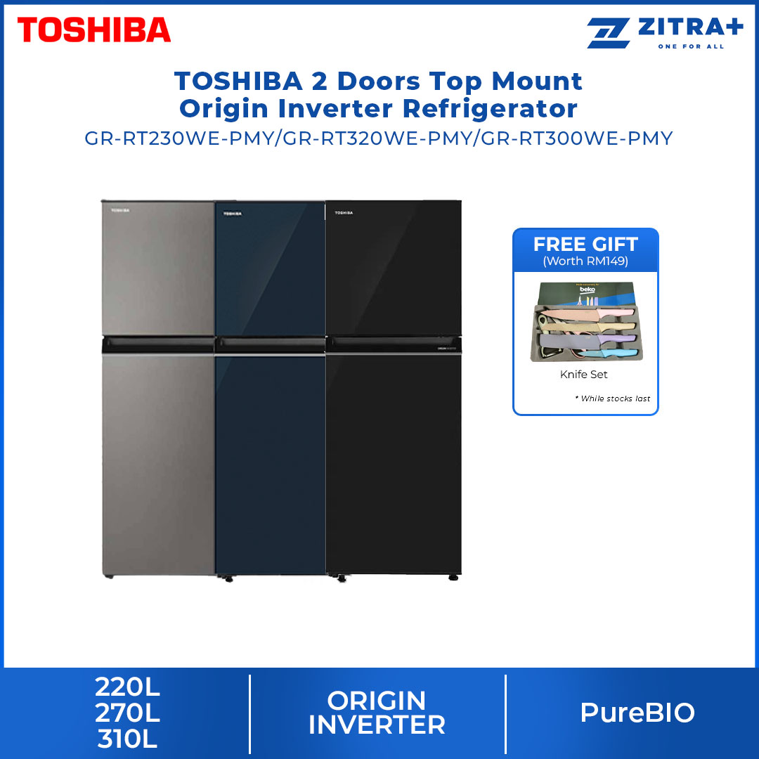 TOSHIBA 220L / 270L / 310L 2 Doors Top Mount Origin Inverter Refrigerator GR-RT230WE-PMY / GR-RT300WE-PMY / GR-RT320WE-PMY | Multi-Air Flow | Cooling Zone | Ultra Big Box | Refrigerator with 2 Year Warranty