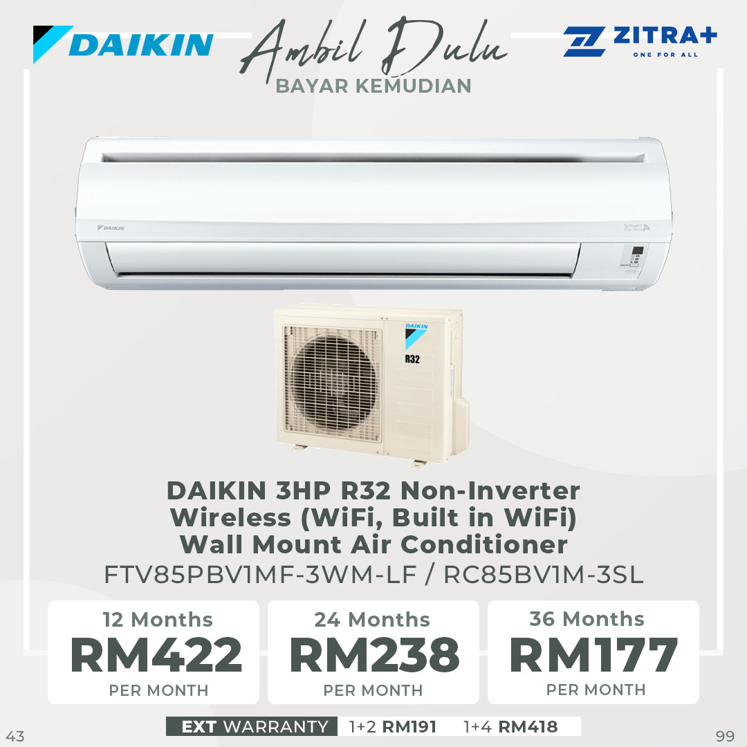 DAIKIN 3HP R32 Non-Inverter Wireless (WiFi, Built in WiFi) Wall Mount Air Conditioner FTV85PBV1MF-3WM-LF / RC85BV1M-3SL | Powerful Mode | Smart Control ( Build-In) | Far Air Throw | Air Conditioner with 1 Year Warranty