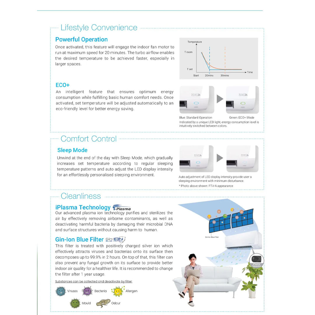 DAIKIN 3HP R32 Non-Inverter Wireless (WiFi, Built in WiFi) Wall Mount Air Conditioner FTV85PBV1MF-3WM-LF / RC85BV1M-3SL | Powerful Mode | Smart Control ( Build-In) | Far Air Throw | Air Conditioner with 1 Year Warranty