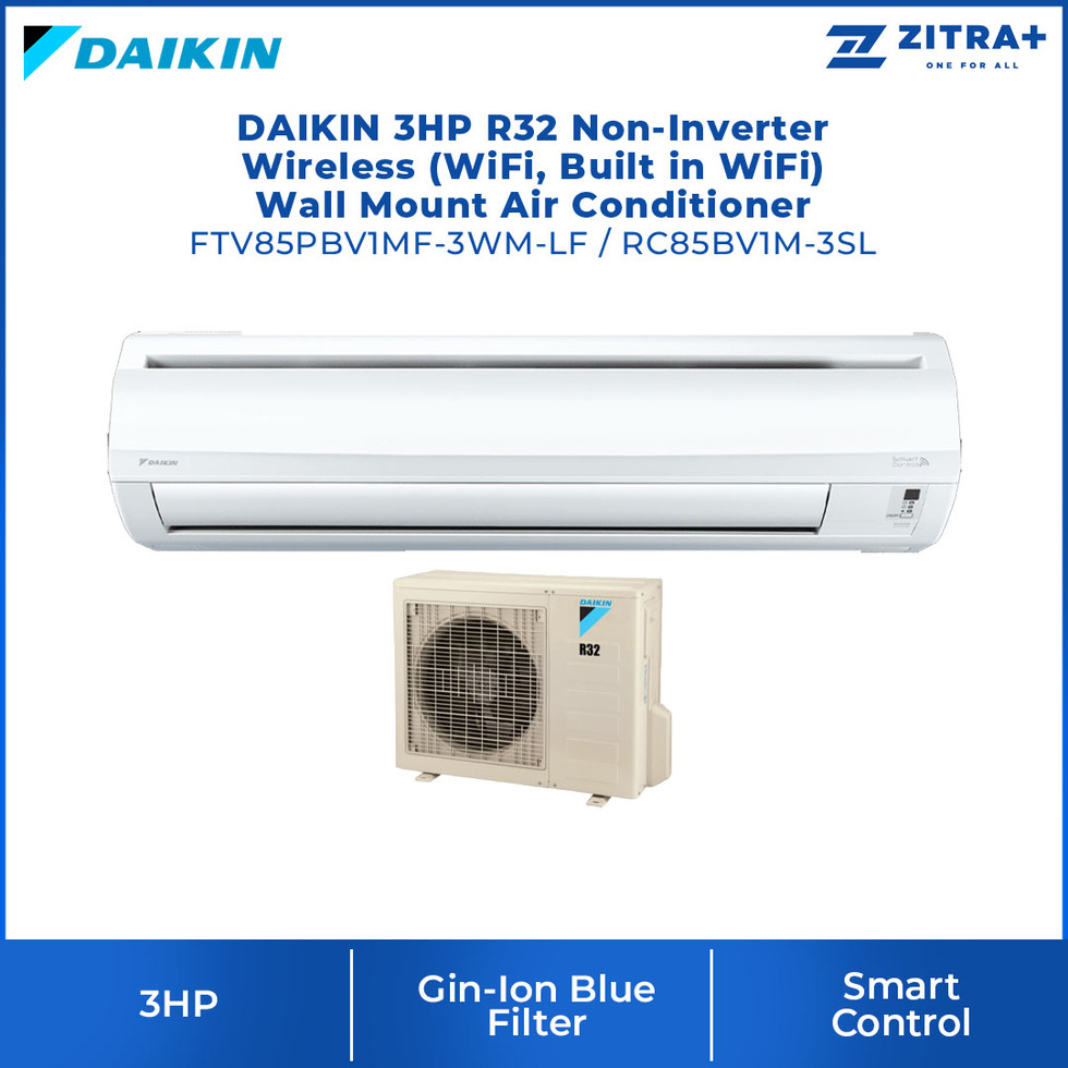 DAIKIN 3HP R32 Non-Inverter Wireless (WiFi, Built in WiFi) Wall Mount Air Conditioner FTV85PBV1MF-3WM-LF / RC85BV1M-3SL | Powerful Mode | Smart Control ( Build-In) | Far Air Throw | Air Conditioner with 1 Year Warranty