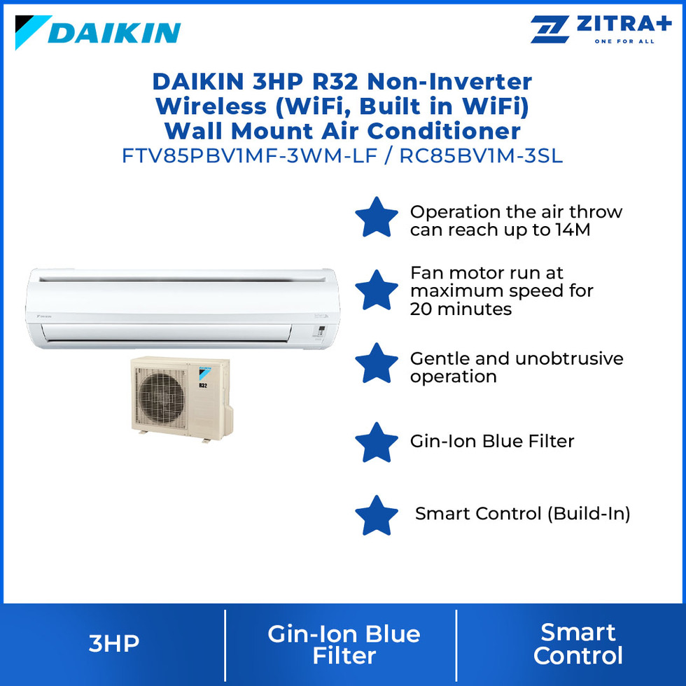 DAIKIN 3HP R32 Non-Inverter Wireless (WiFi, Built in WiFi) Wall Mount Air Conditioner FTV85PBV1MF-3WM-LF / RC85BV1M-3SL | Powerful Mode | Smart Control ( Build-In) | Far Air Throw | Air Conditioner with 1 Year Warranty