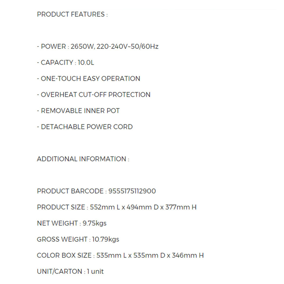 FABER 10L Rice Cooker FCR 1001 | Automatic Rice Cooking | Removable Inner Pot | Stainless Steel Lid | Rice Cooker with 1 Year Warranty