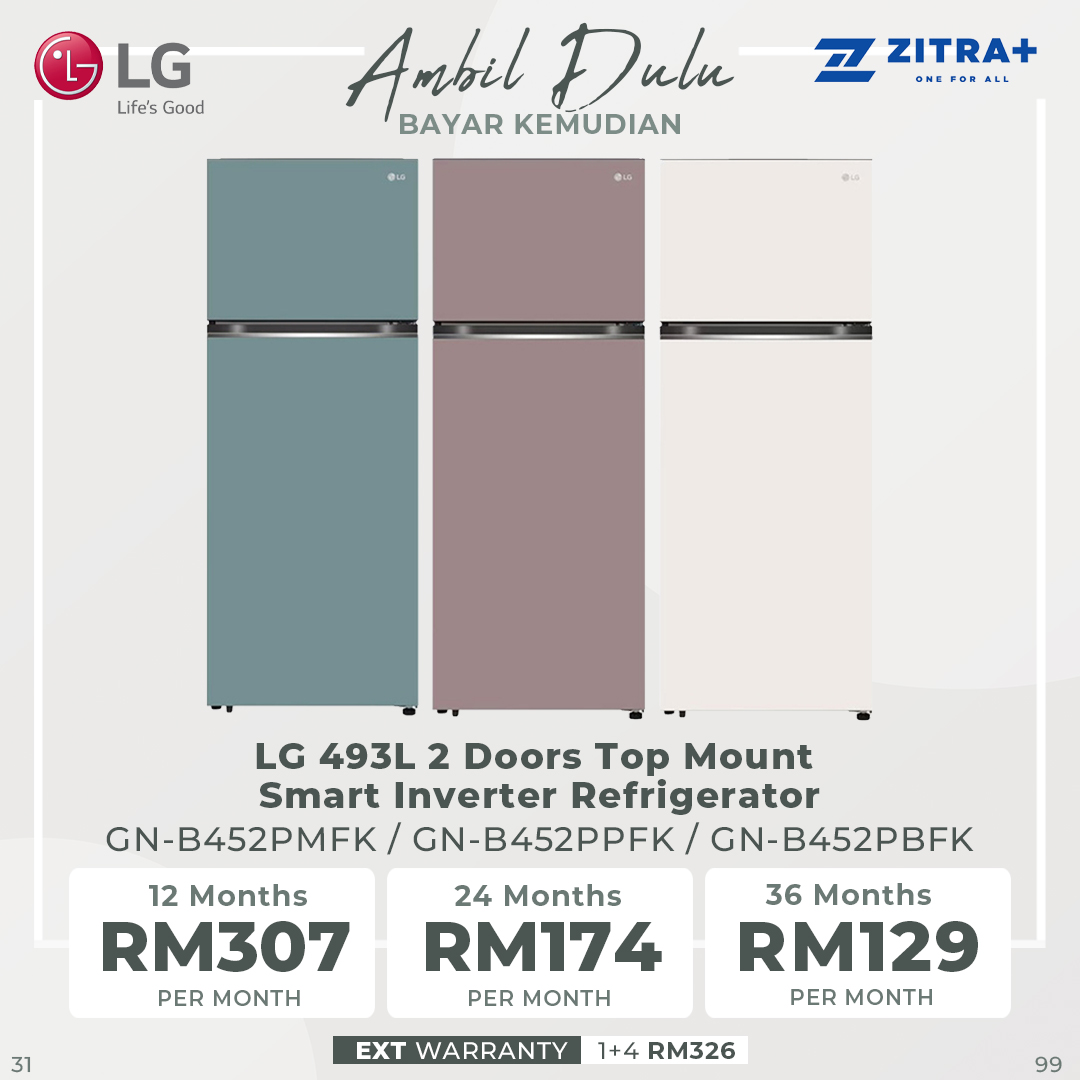 LG 493L 2 Doors Top Mount Smart Inverter Refrigerator GN-B452PBFK / GN-B452PPFK / GN-B452PMFK / GN-B452PQBK | Smart Inverter Compressor | Multi Air Flow | Door Cooling+ | 1 Year General Warranty & 10 Year Motor Warranty
