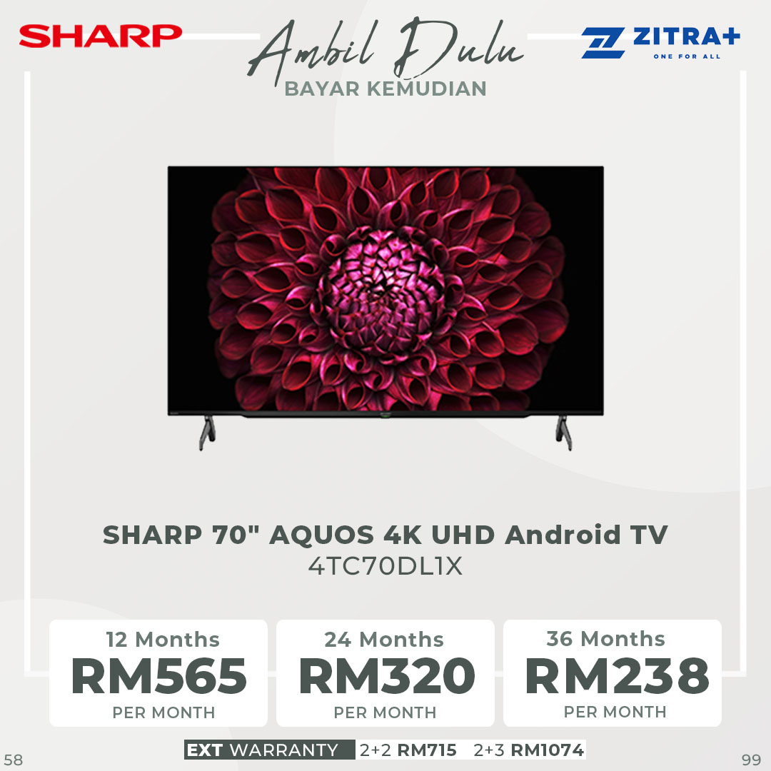 SHARP 50"/60"/65"/70" AQUOS 4K UHD Android TV | YouTube | Netflix | HDMI | USB | Auto Volume | App Store | Google Assistant | Sleep Timer | Bluetooth | Android TV with 2 Year Warranty