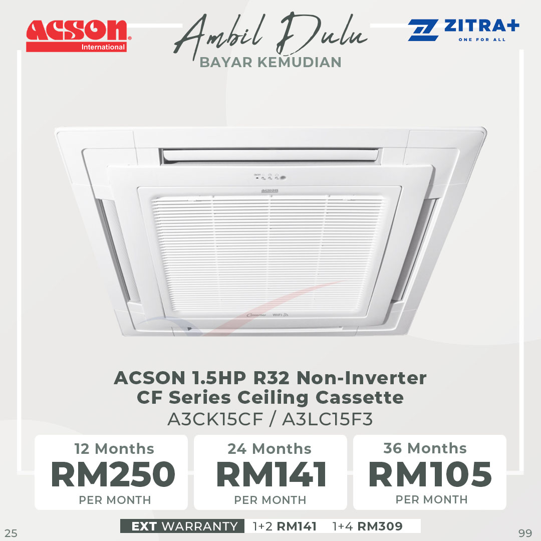 ACSON 1.5HP R32 Non-Inverter CF Series Ceiling Cassette (Indoor) A3CK15CF / A3LC15F3 | 4 Dimensional Cooling Comfort | Sleep Mode | Plusma Technology | Ceiling Cassette with 1 Year Warranty
